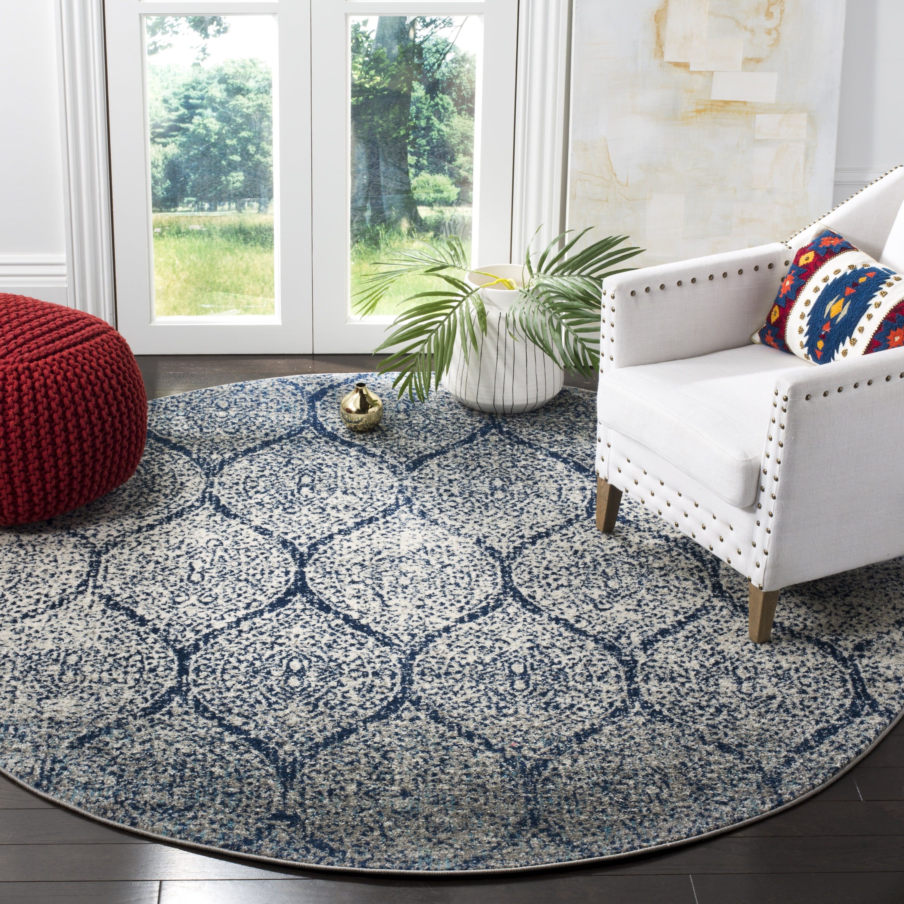 Navy and Silver Round Geometric Synthetic Area Rug, 11' x 11'