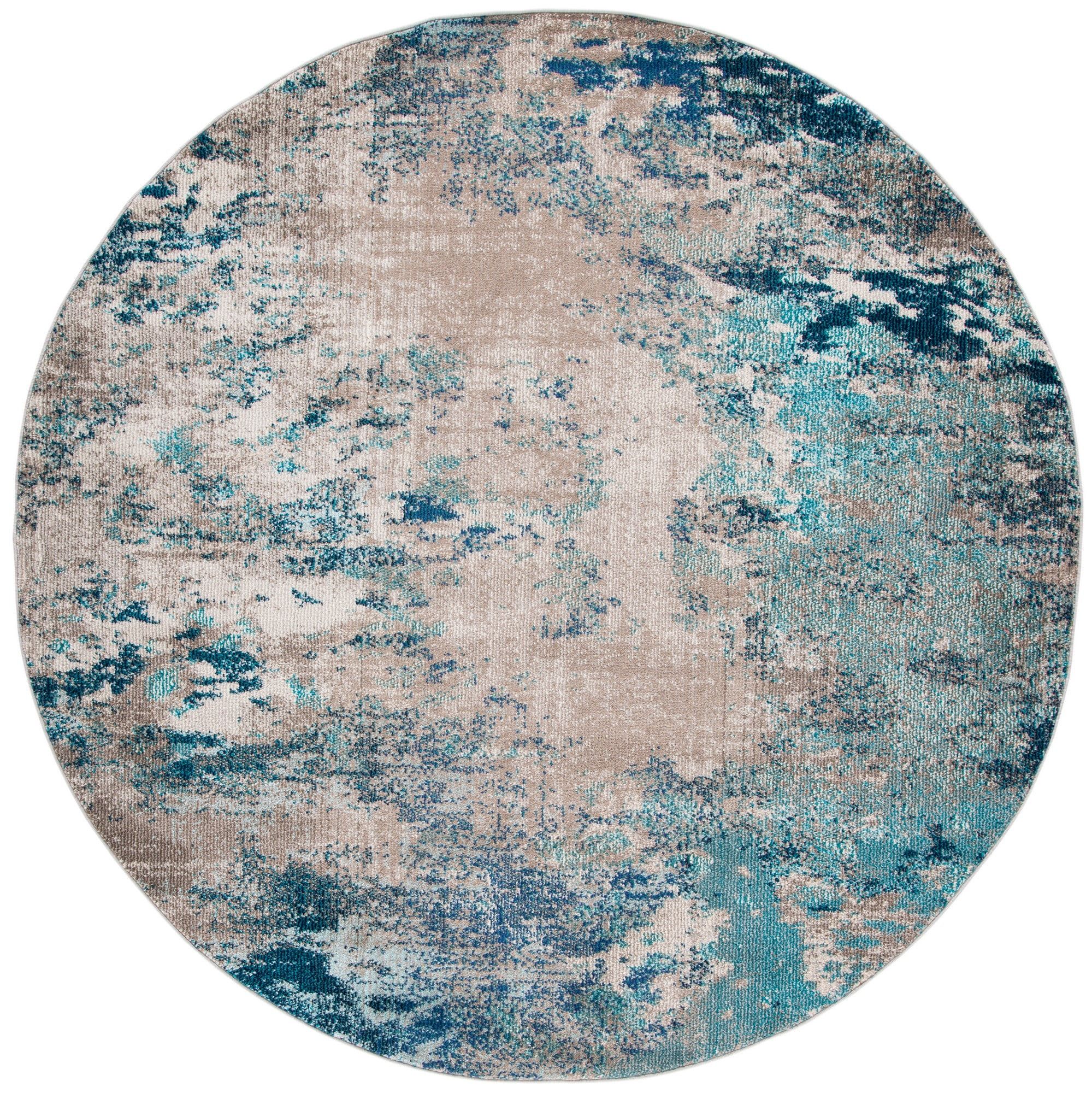 Modern Boho Blue and Grey Synthetic 5' Round Area Rug