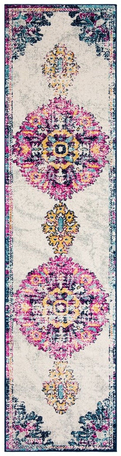 Ivory Fuchsia Distressed Medallion 2' x 8' Synthetic Runner Rug