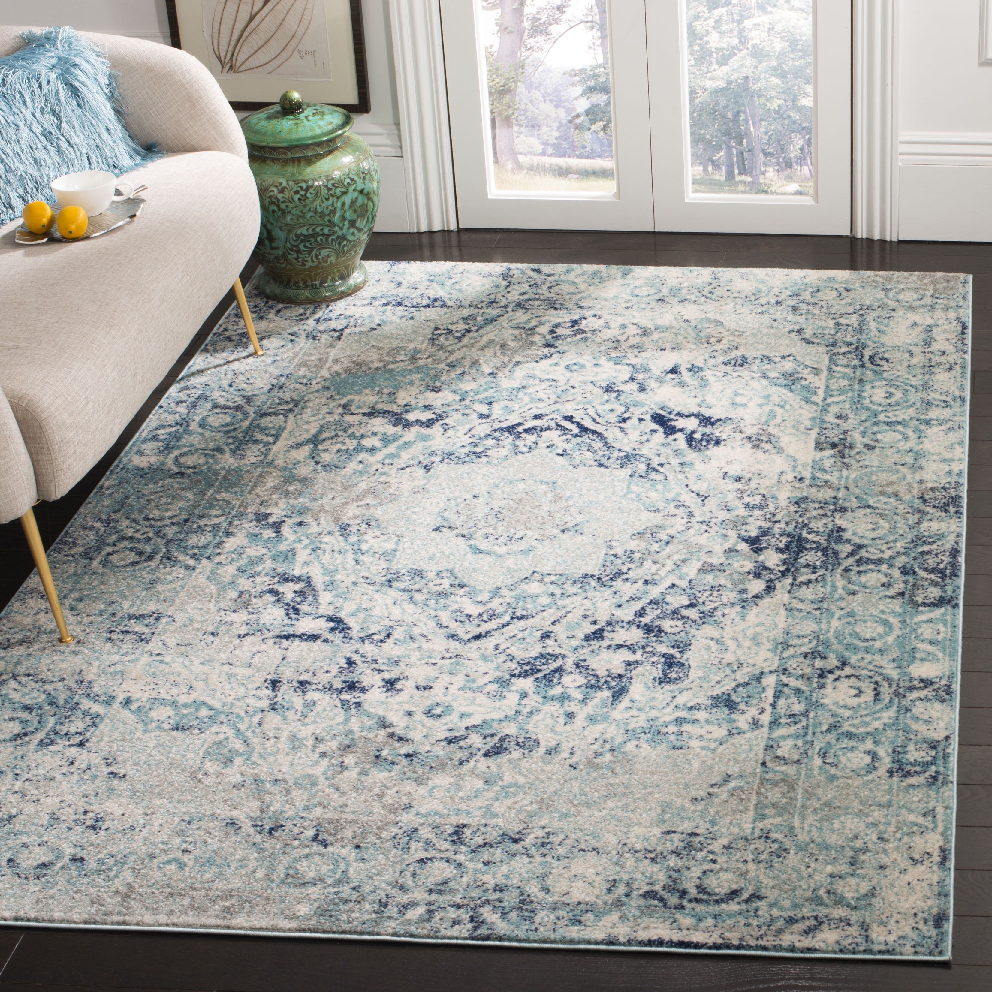 Rectangular Blue Synthetic Easy Care Area Rug, 12' x 15'