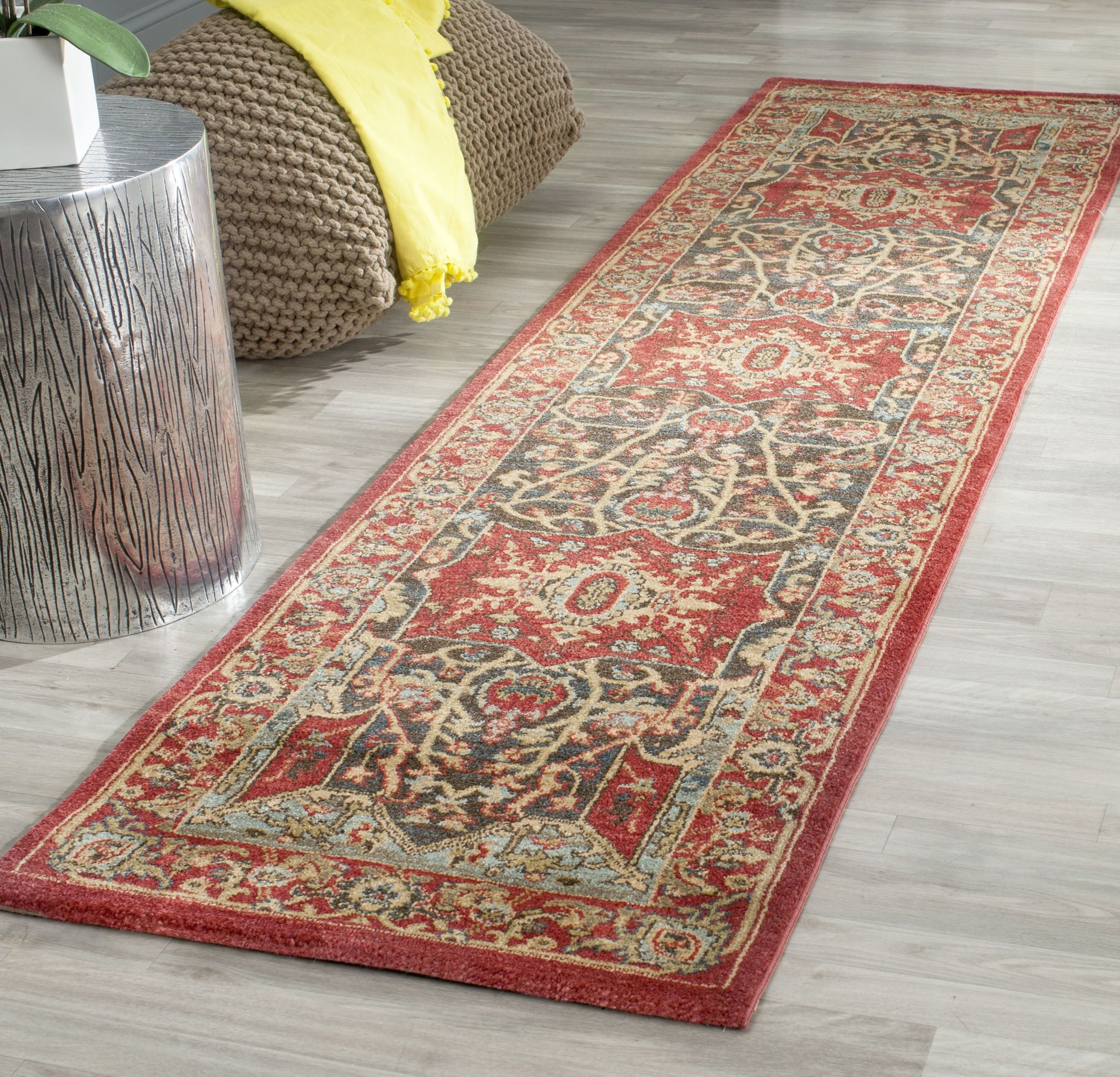 Elegant Red Traditional 26'' x 10' Synthetic Runner Rug