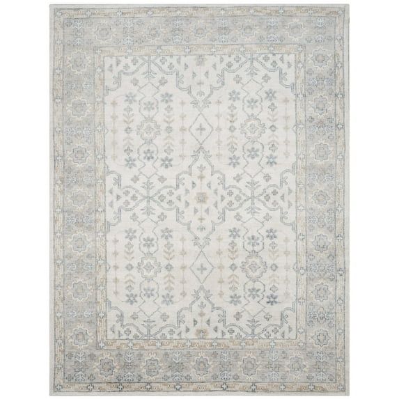 Ivory and Blue Hand-Knotted Wool and Viscose 9' x 12' Area Rug