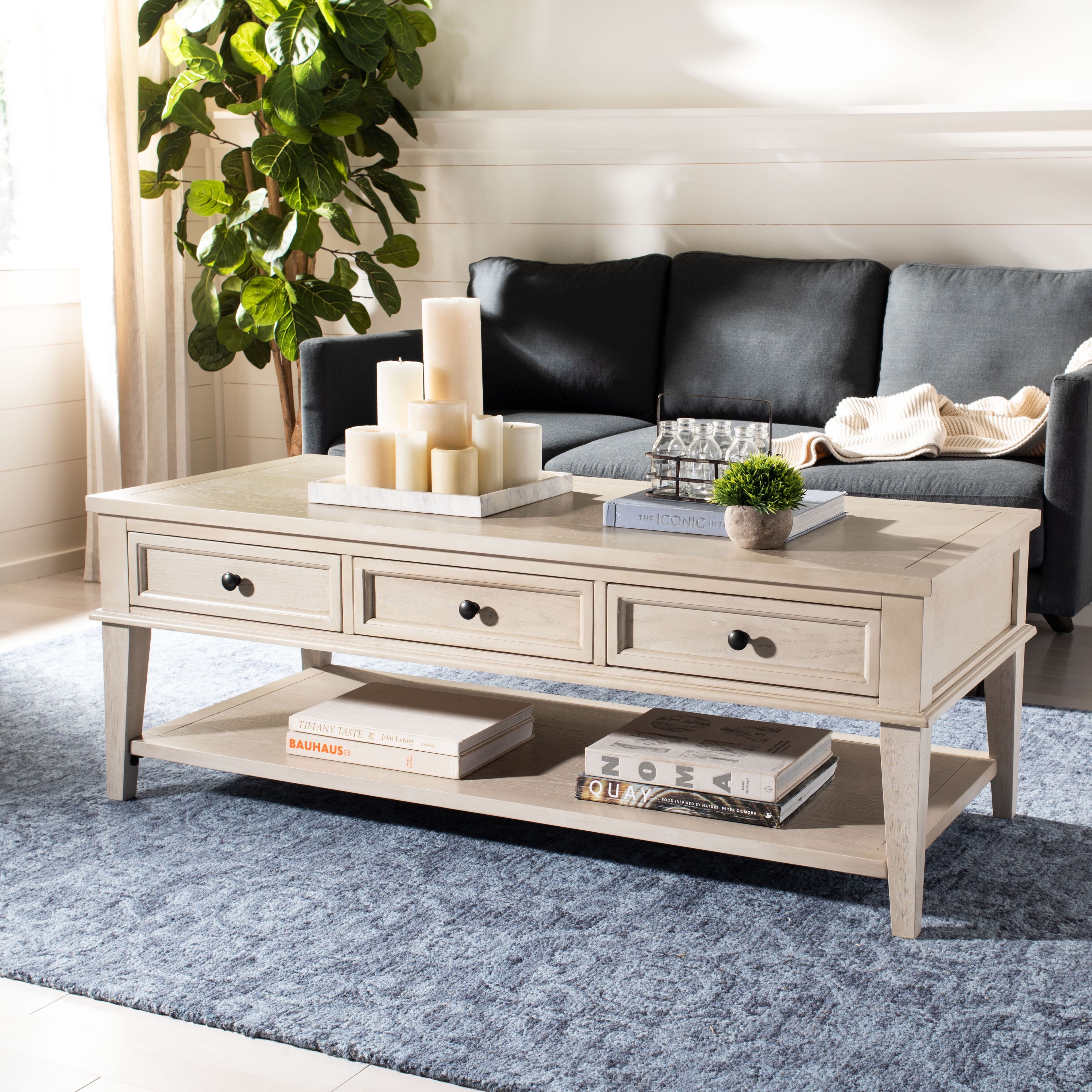 White Wash Elm Wood Coffee Table with Storage Drawers