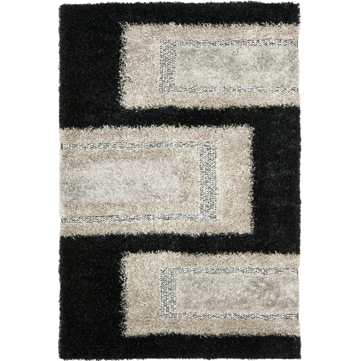 Luxurious Hand-Knotted Black and Grey Shag Wool Blend 6' x 9' Area Rug