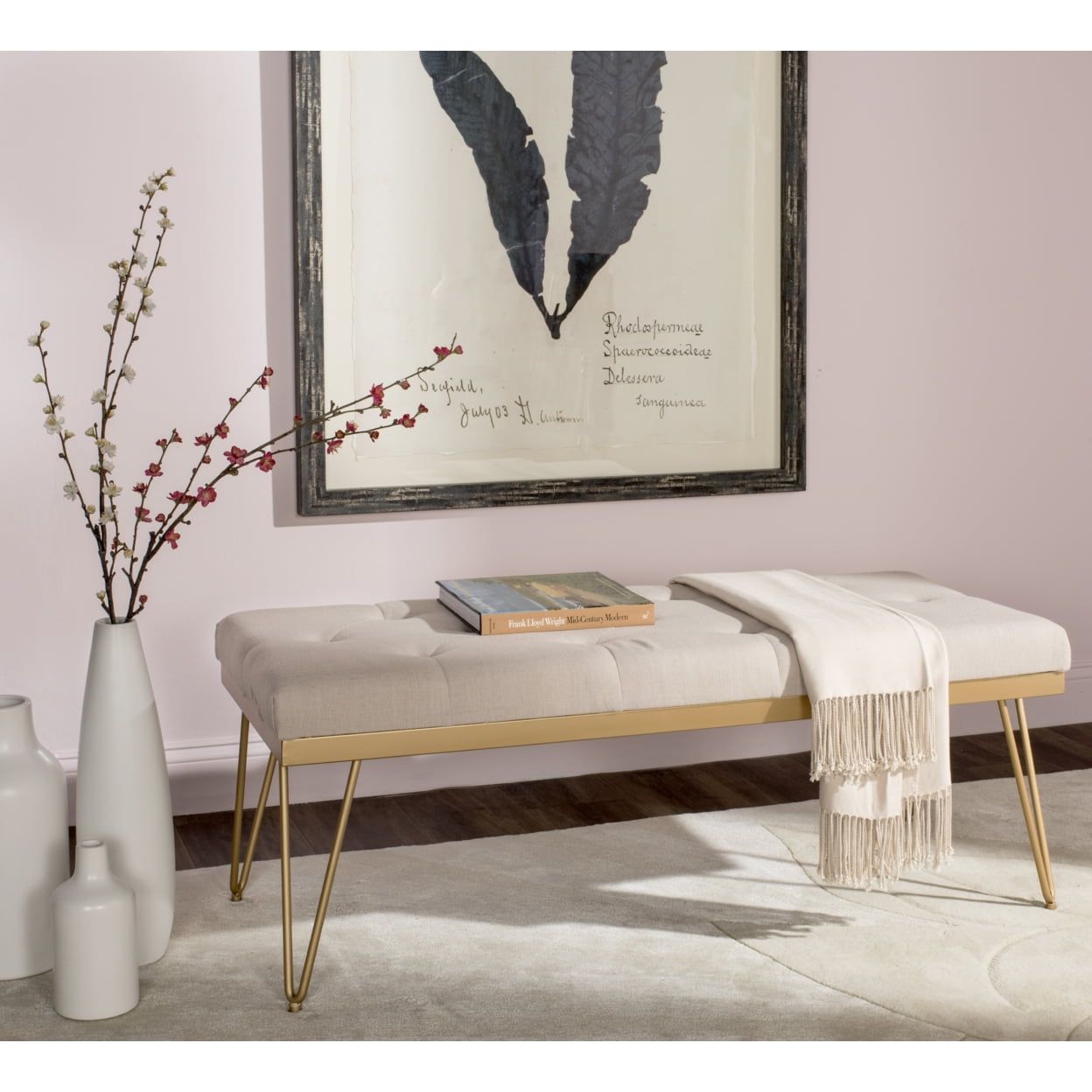 Marcella Beige Linen Upholstered Bench with Gold Hairpin Legs