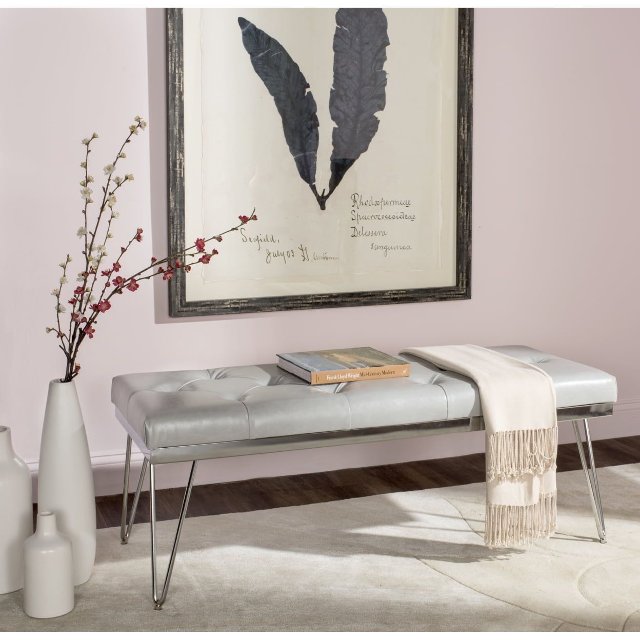 Marcella Gray Tufted Bench with Chrome Legs