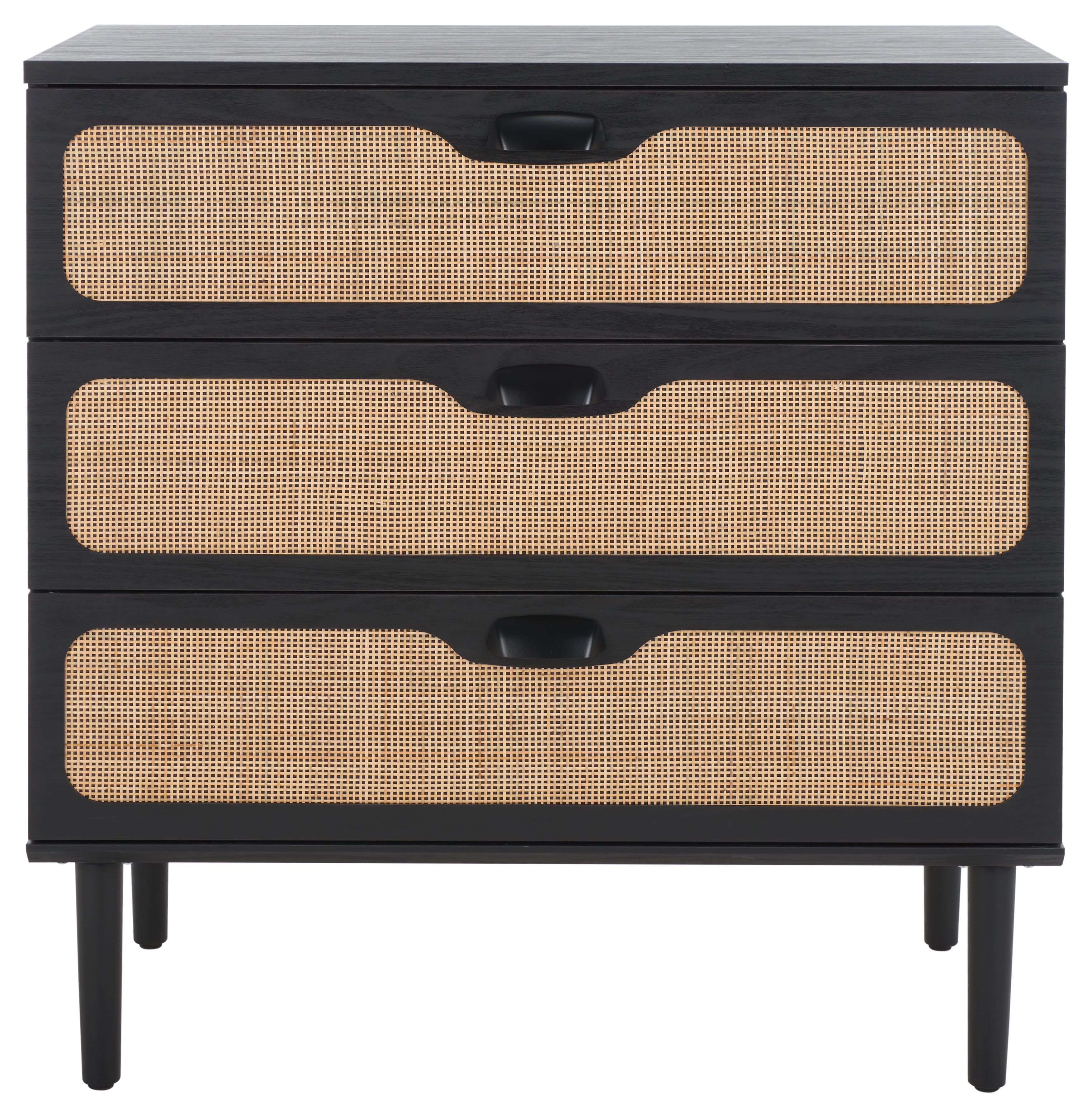 Mid-Century Modern Black and Rattan 3-Drawer Chest