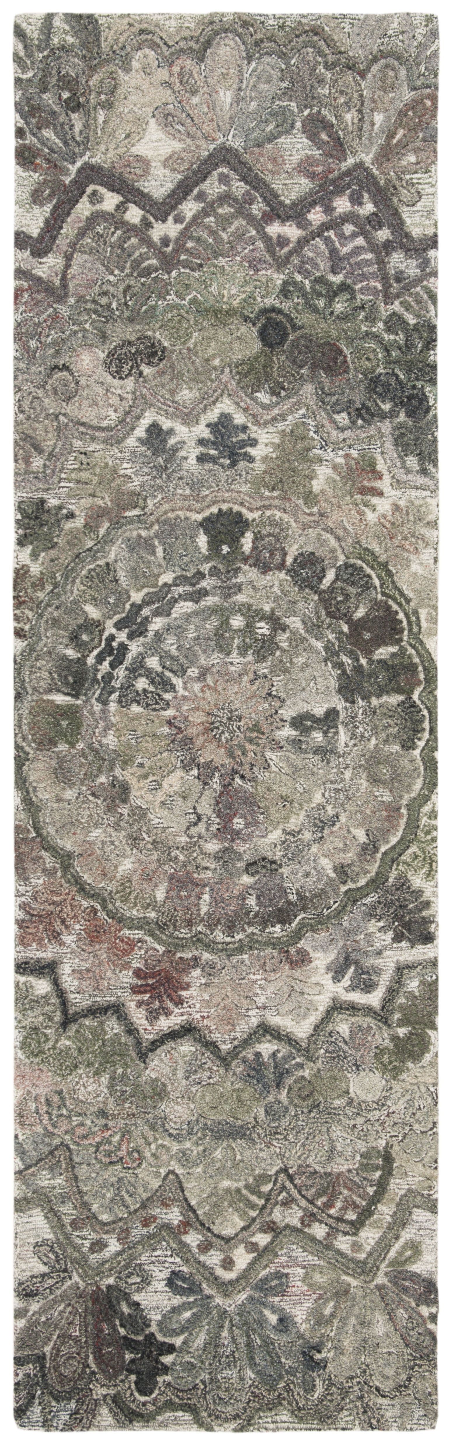 Handmade Grey and Multicolor Floral Wool Runner Rug