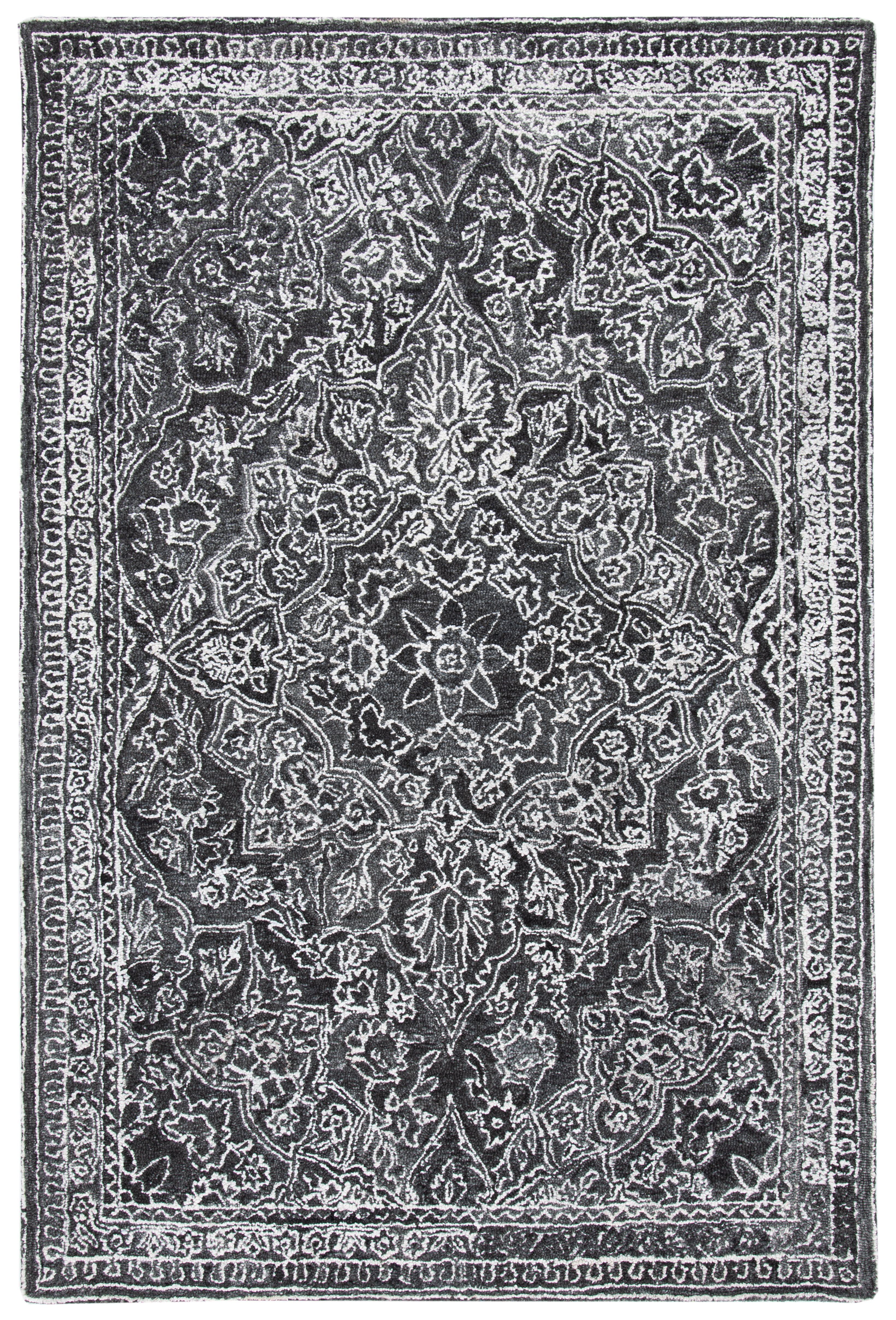 Black and Ivory Hand-Tufted Wool Medallion Rug, 3' x 5'