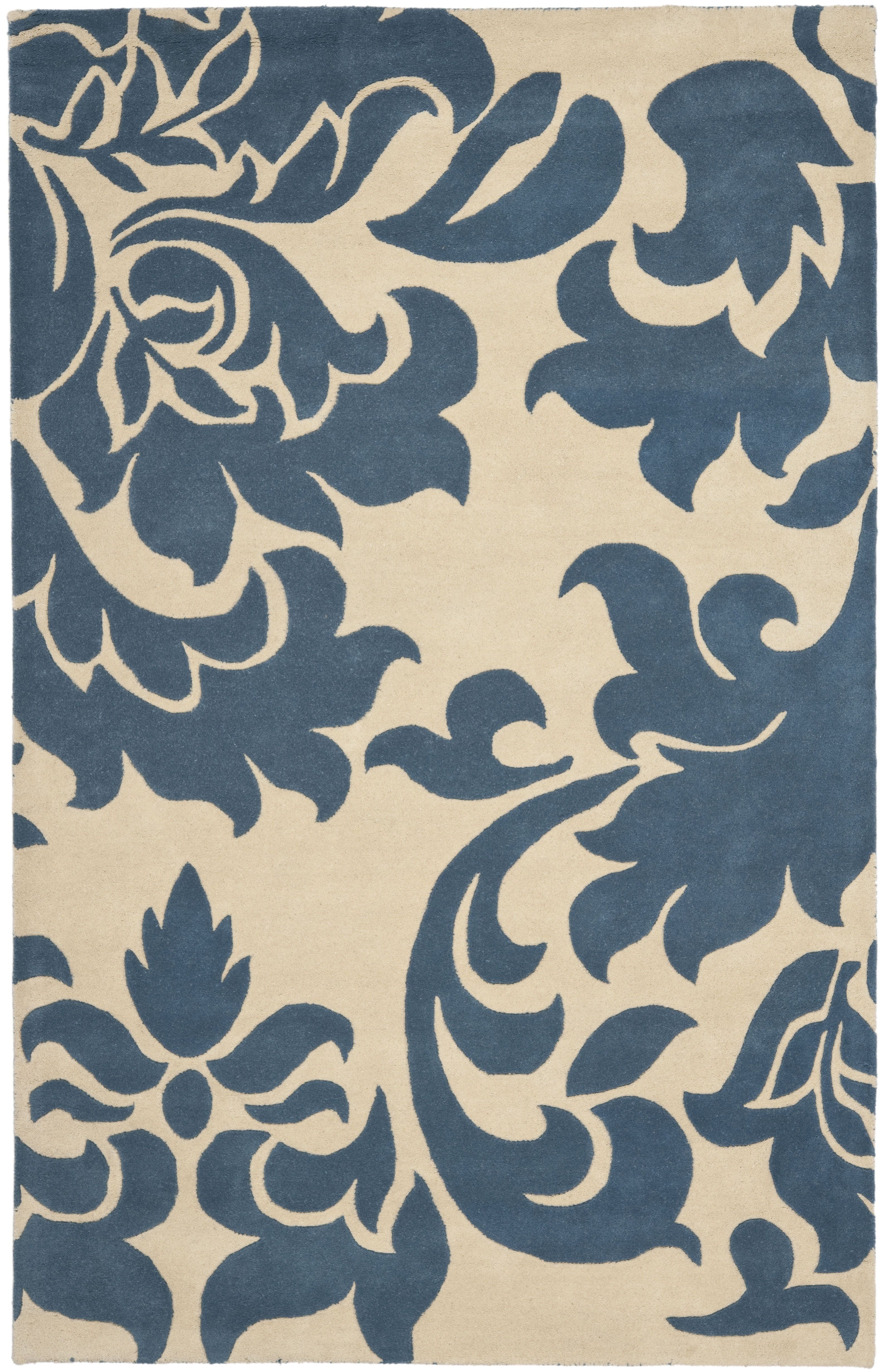 Handmade Blue and Beige Floral Wool 4' x 6' Rug