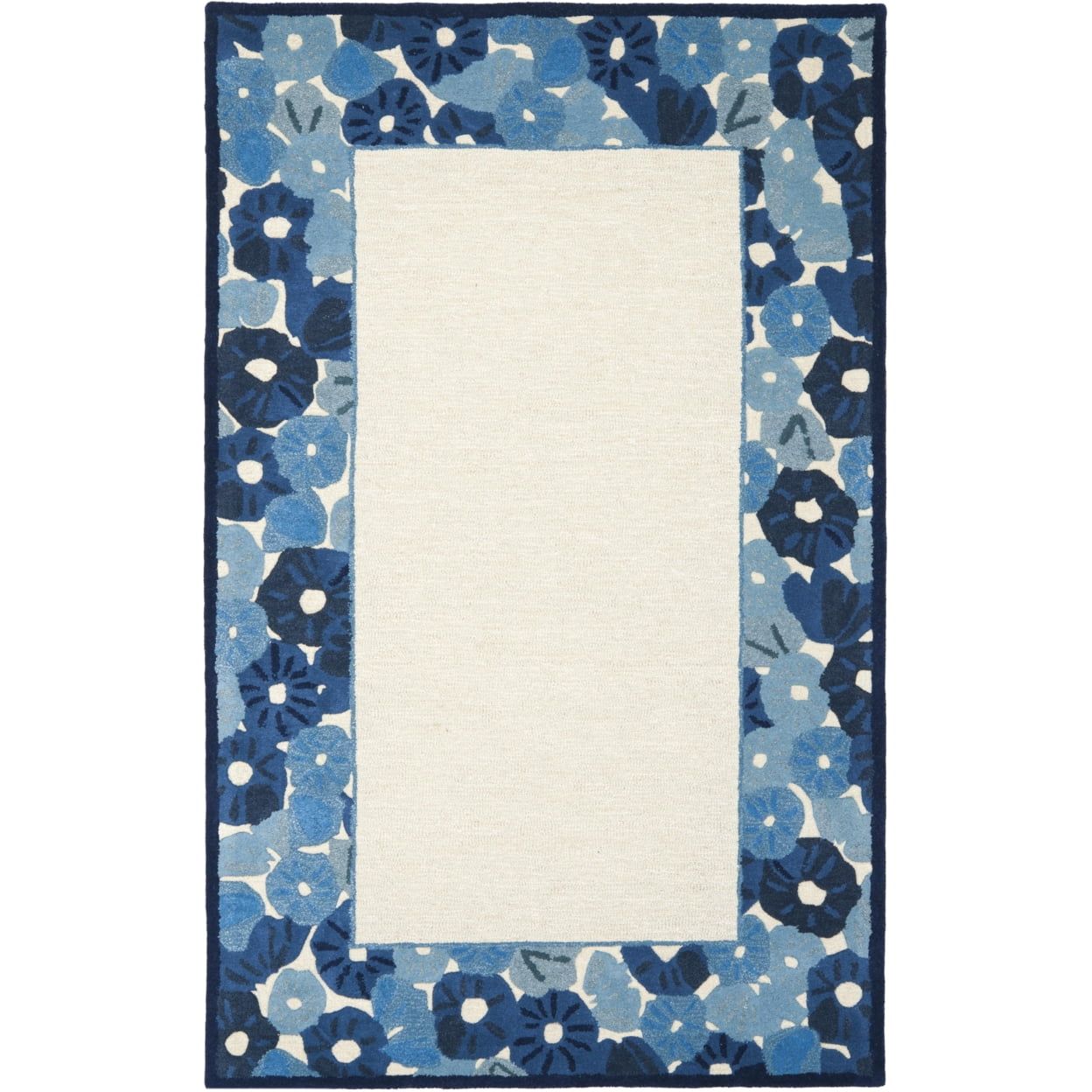 Azurite Blue Floral Border Hand-Tufted Wool Rug, 5' x 8'