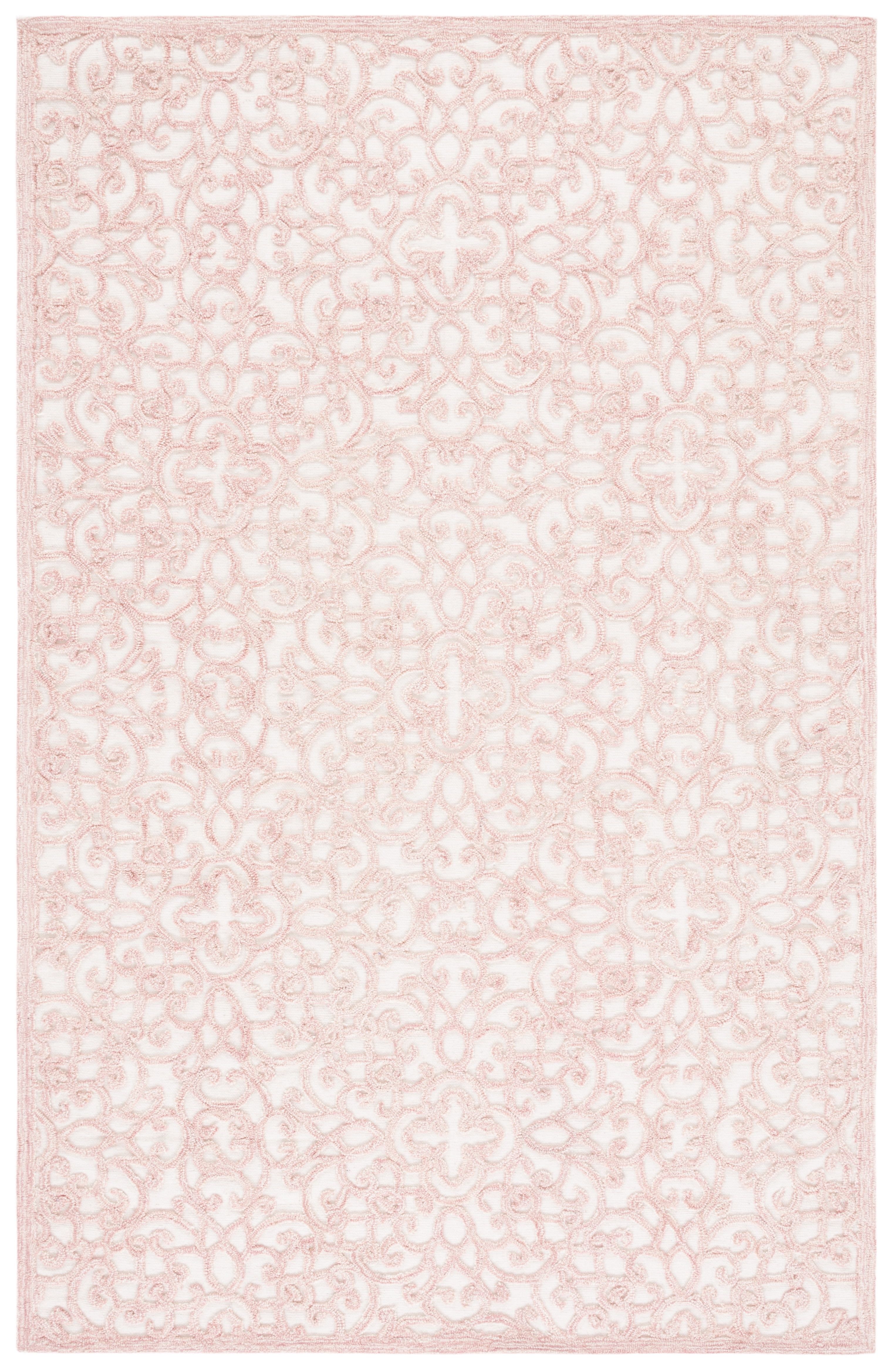 Ivory and Pink Floral Tufted Wool Area Rug, 6' x 9'