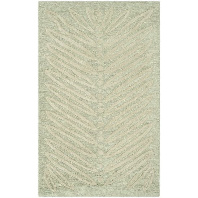 Handmade Green Wool and Viscose Chevron Leaves Rug