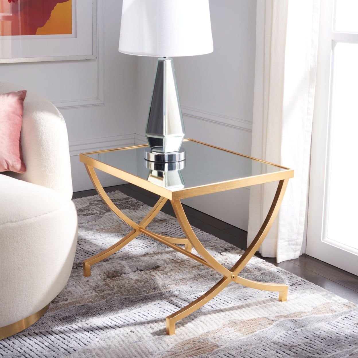 Elegant Gold Leaf Mirrored Rectangular Accent Table