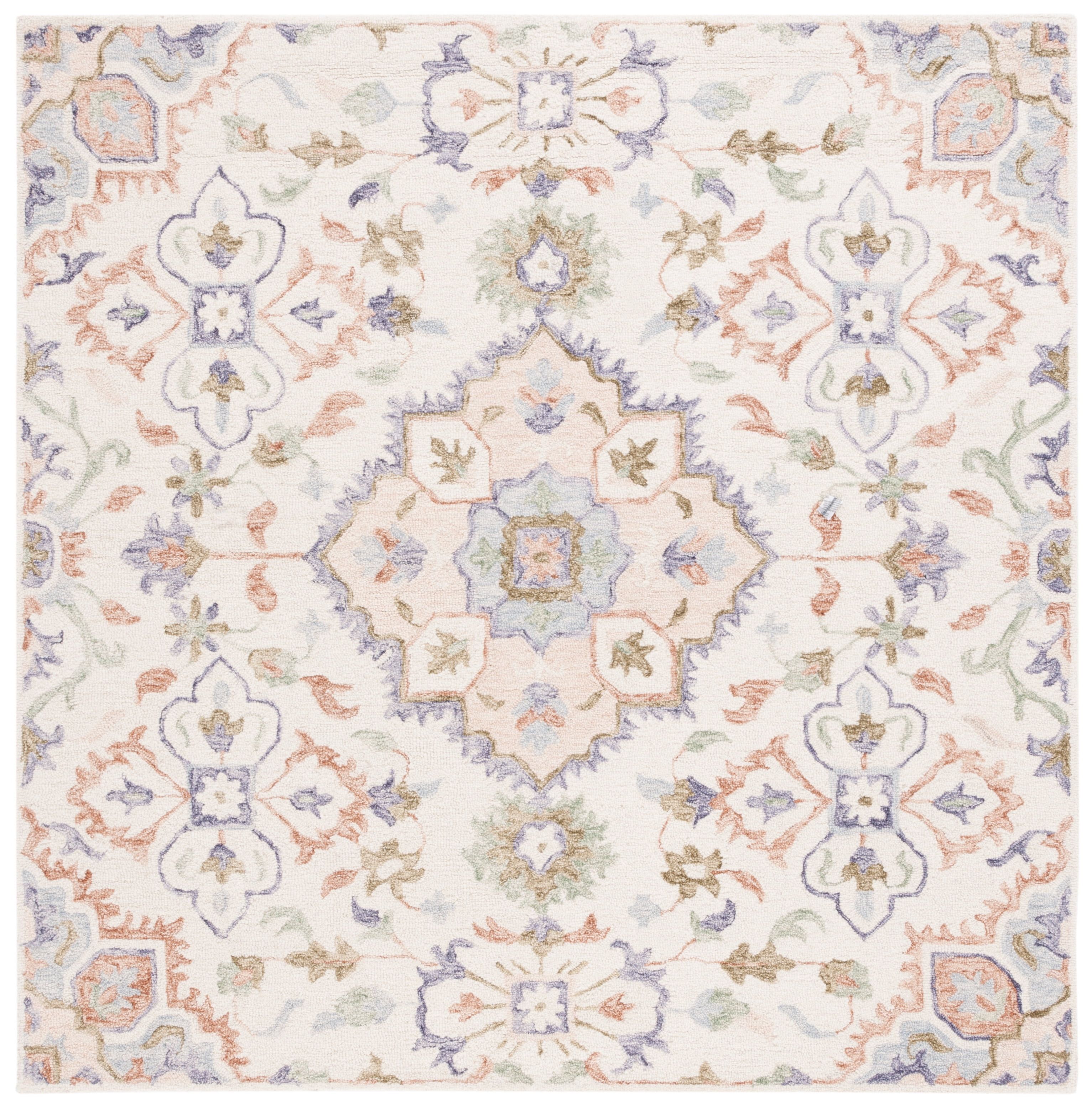 Ivory and Green Hand-Tufted Wool Square Rug