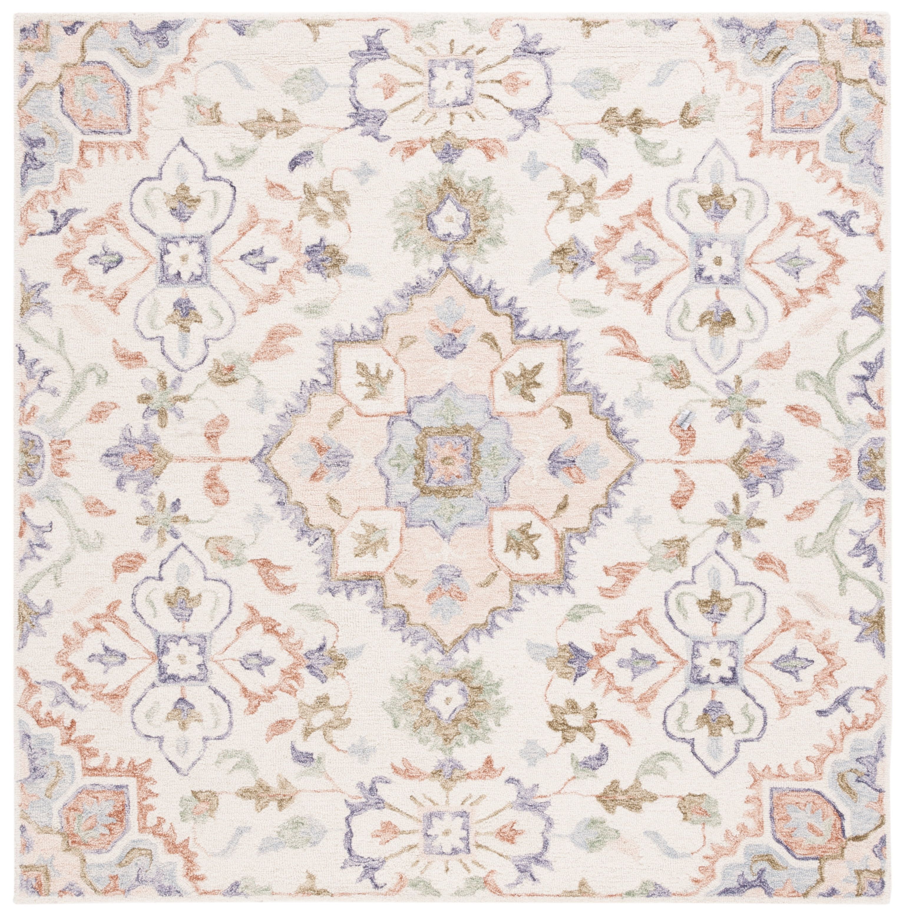 Ivory and Green Hand-Tufted Wool Square Rug