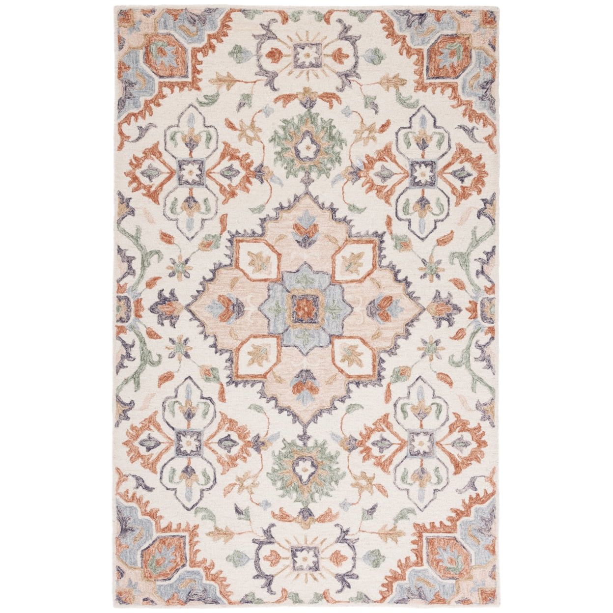 Ivory and Green Hand-Tufted Wool Square Rug