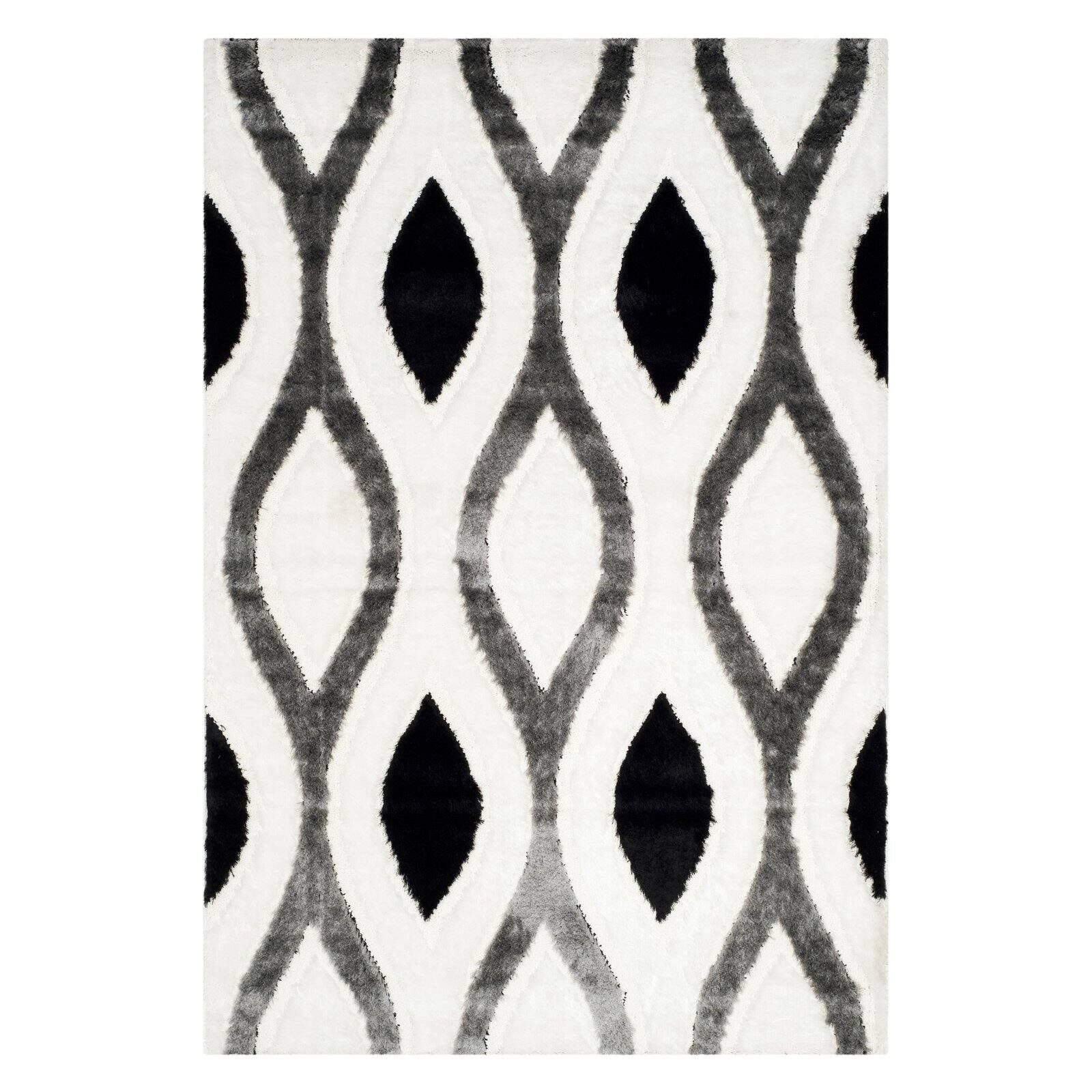 Ivory and Grey Geometric Tufted Shag Rug, 3' x 5'