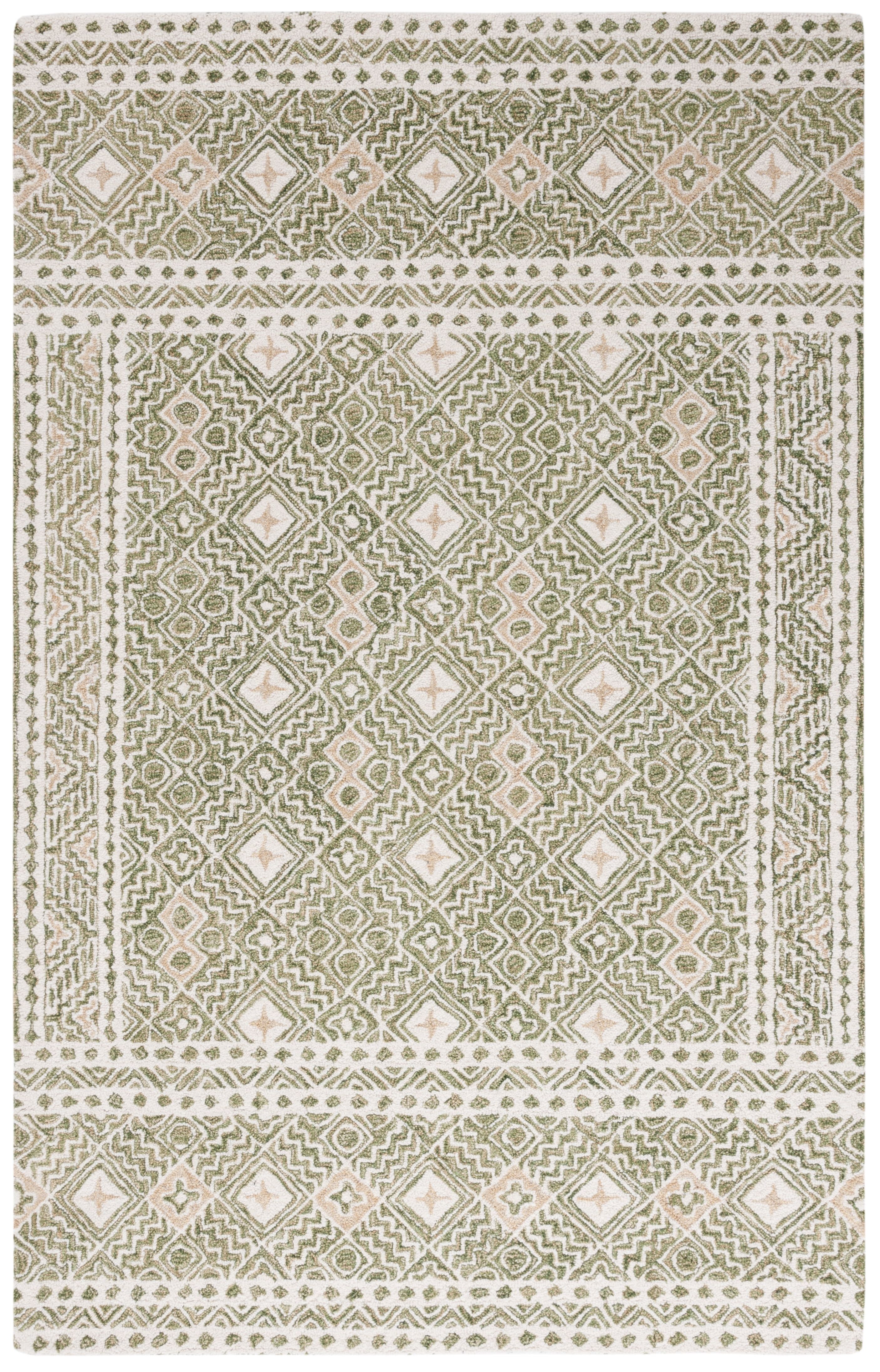 Ivory and Green Geometric Wool Handmade Tufted Rug, 5' x 8'