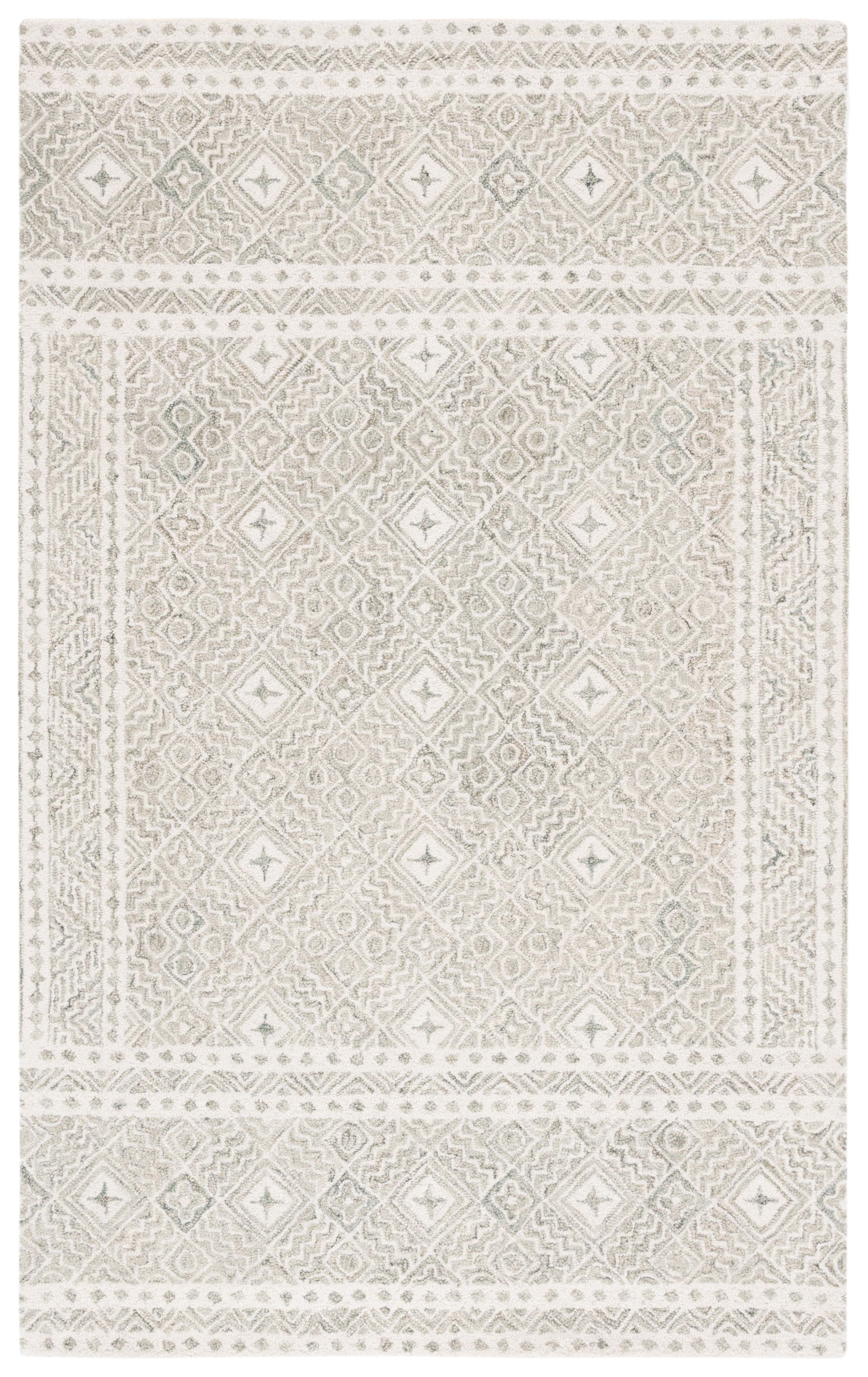 Silver and Ivory Geometric Wool 4' x 6' Handmade Area Rug