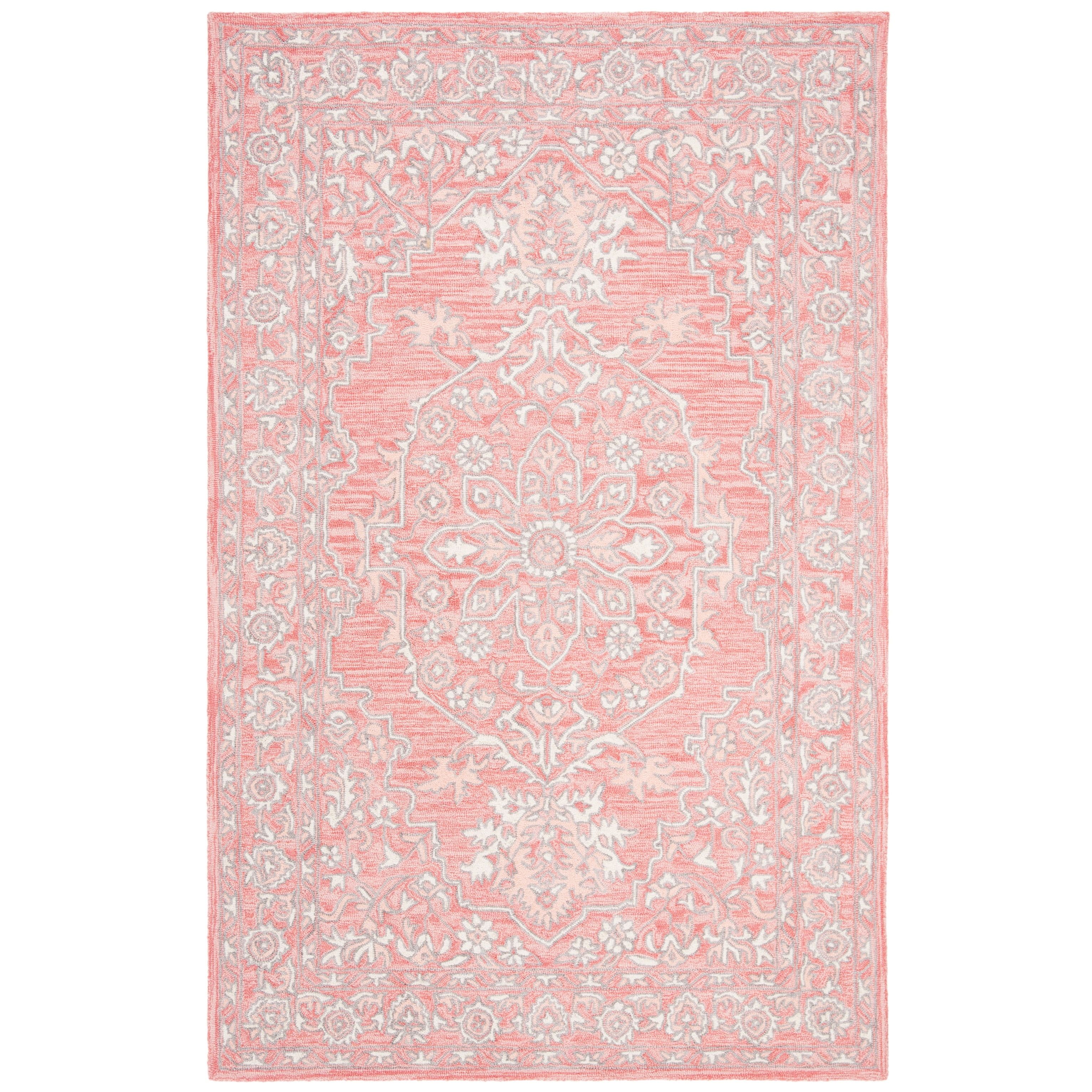 Elegant Ivory and Pink Hand-Tufted Wool Area Rug, 4' x 6'