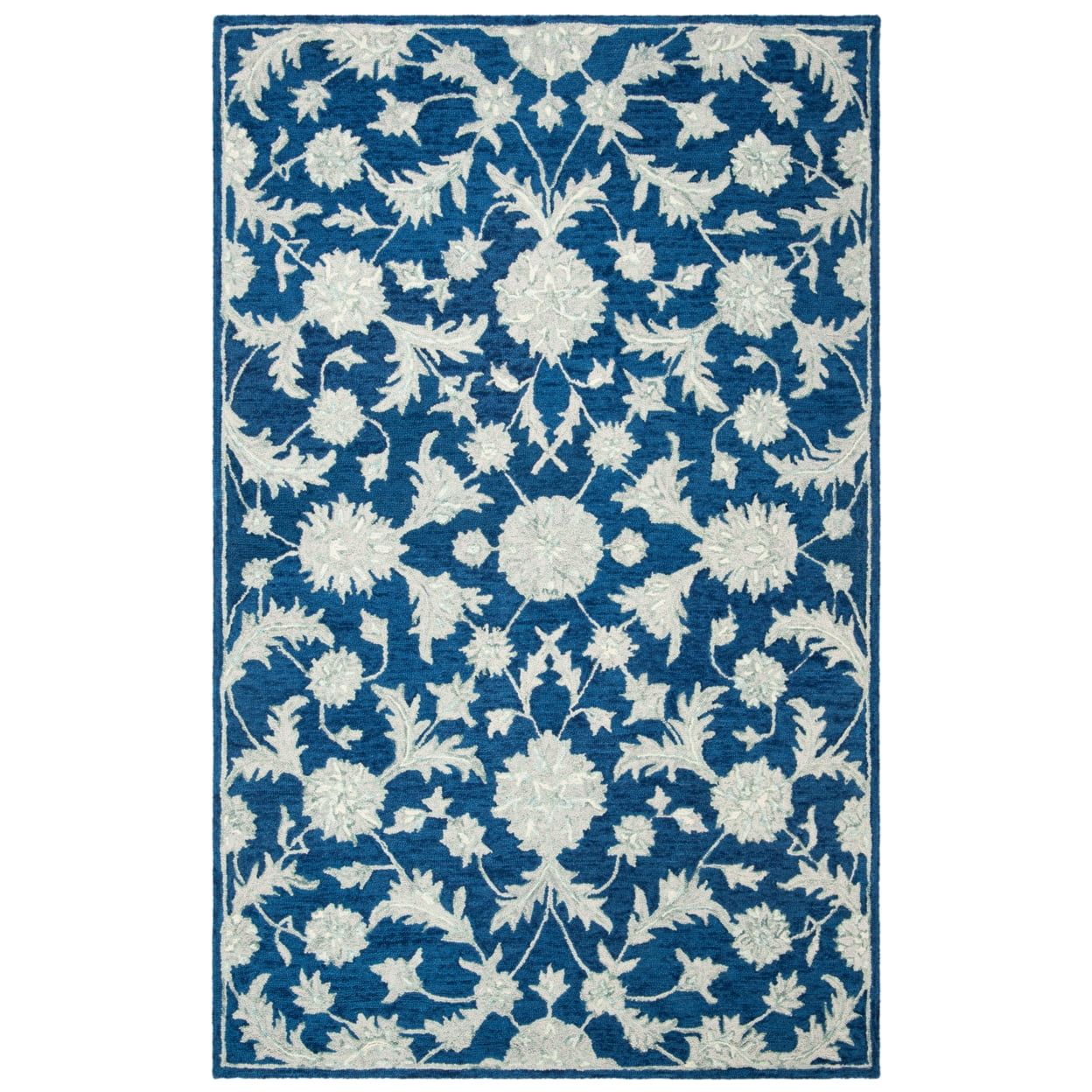 Navy and Grey Hand-Tufted Wool Floral 4' x 6' Rug