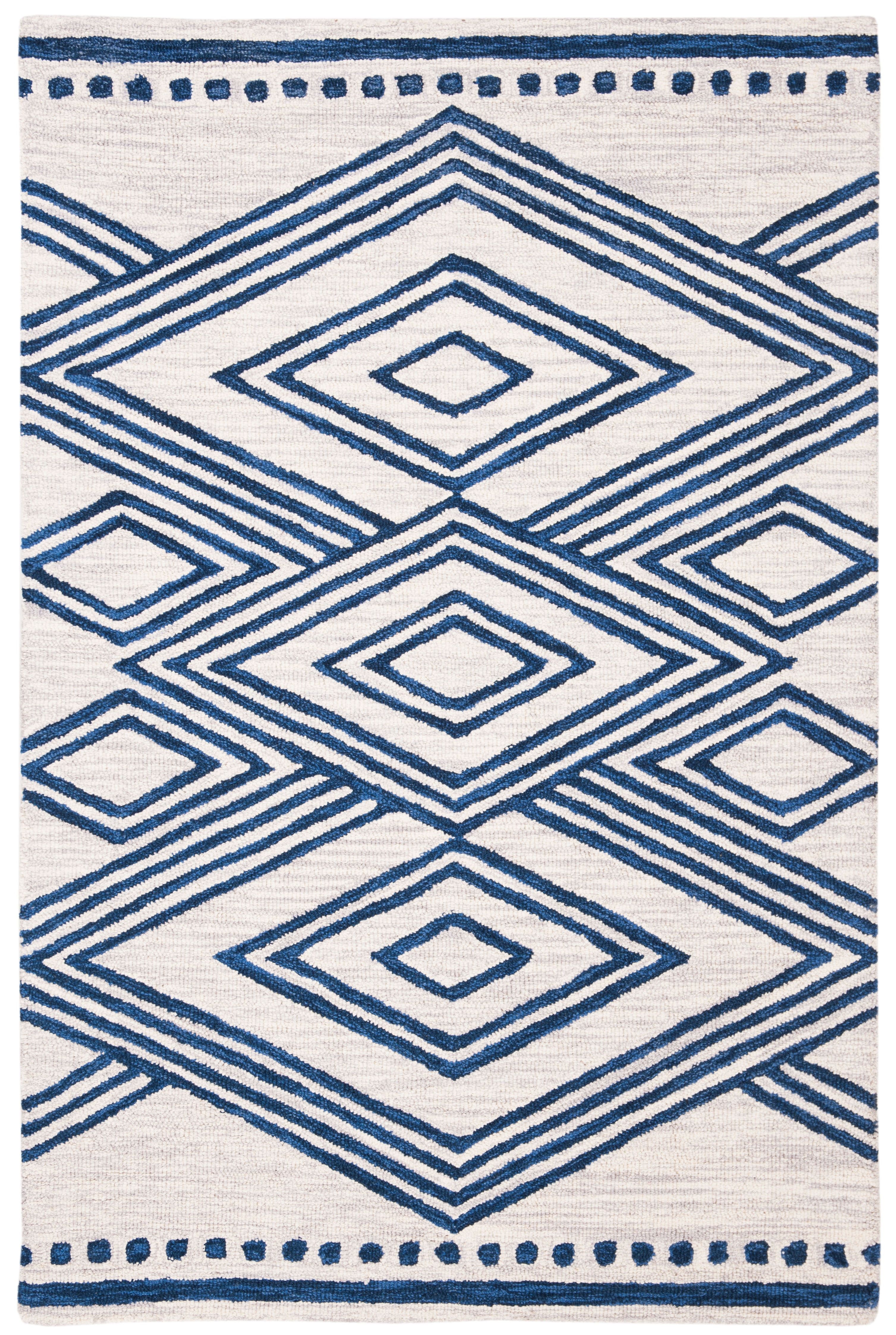 Ivory and Navy Geometric Tufted Wool Area Rug, 3' x 5'