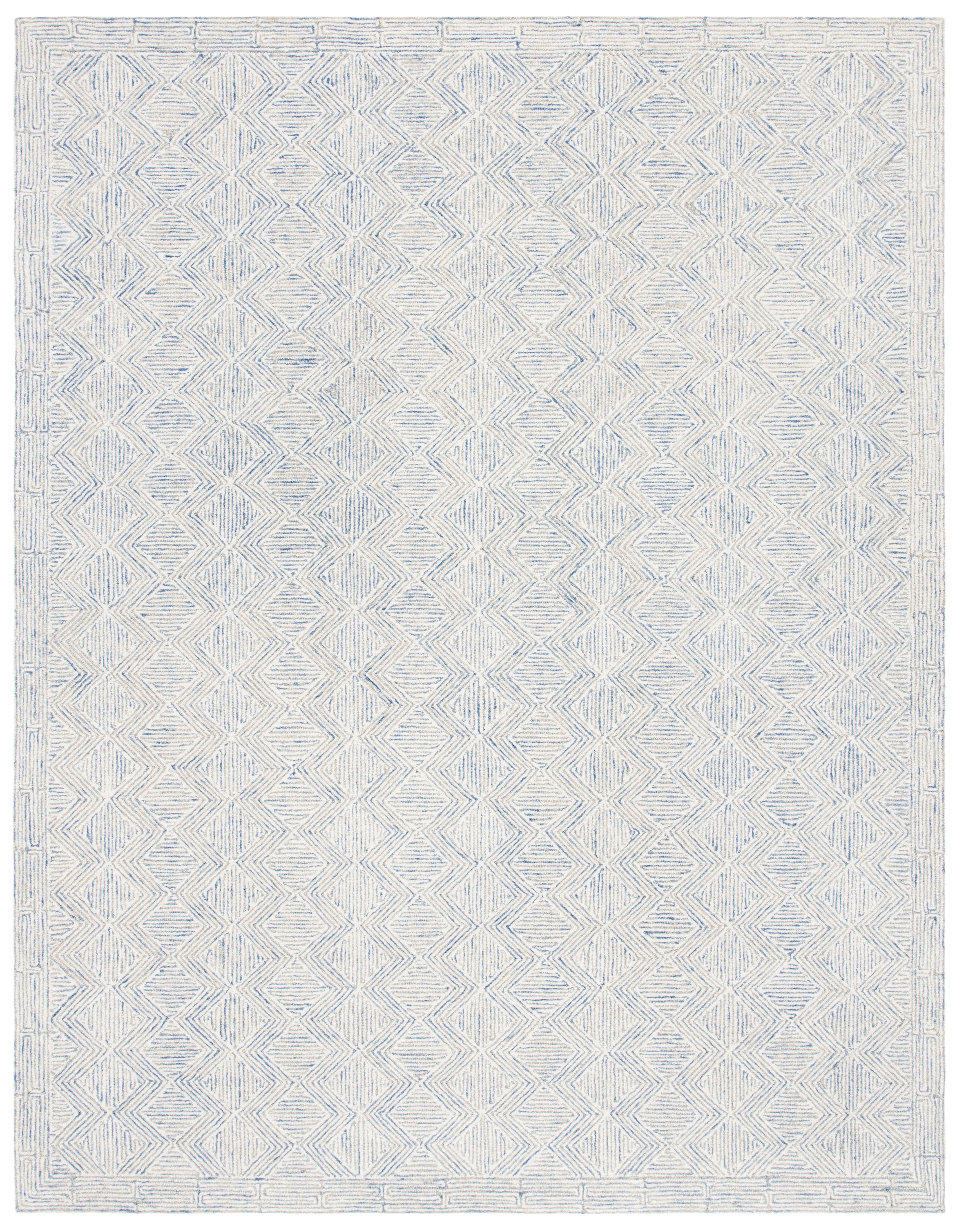 Blue and Ivory Handmade Wool 9' x 12' Geometric Area Rug