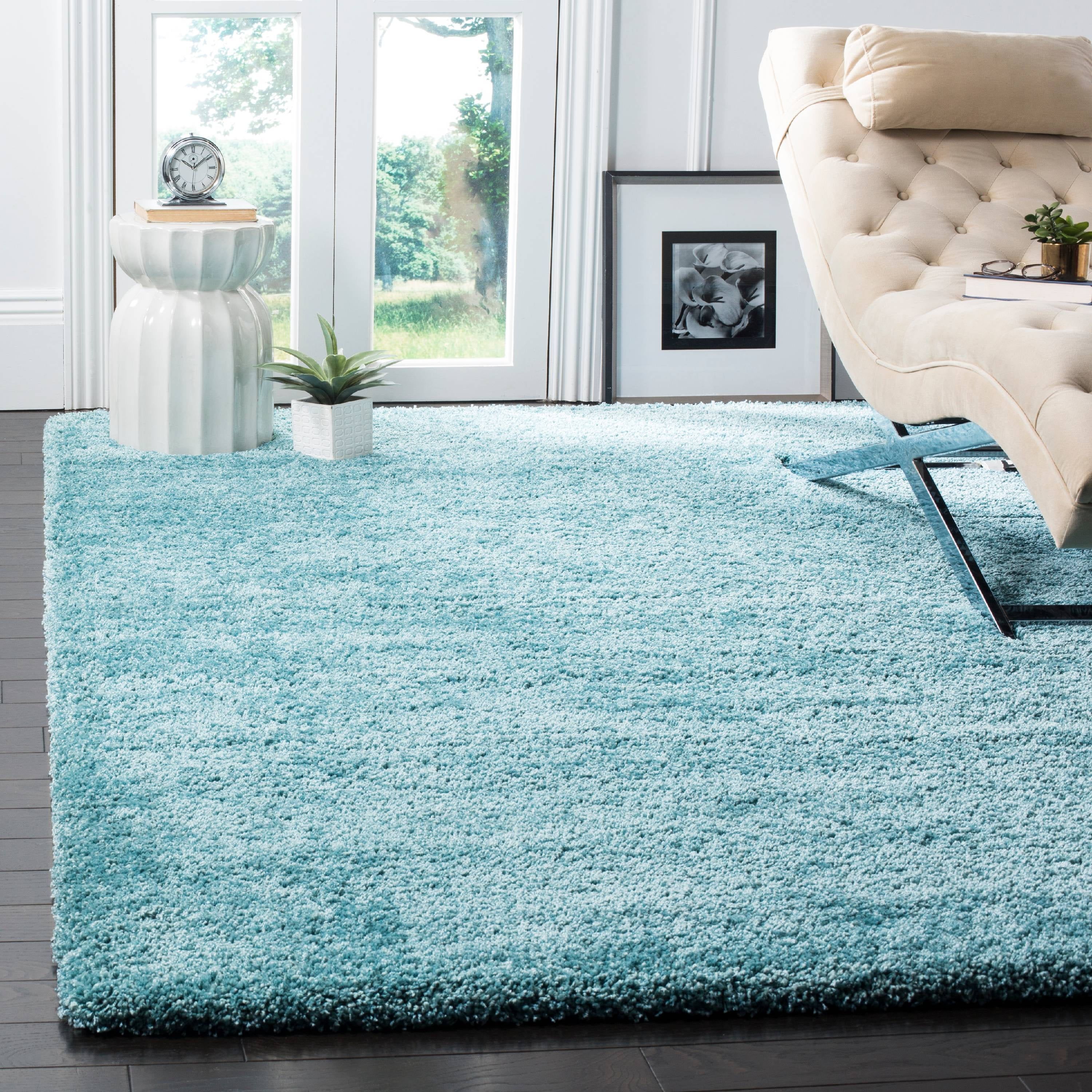 Aqua Blue High Pile Square Shag Area Rug