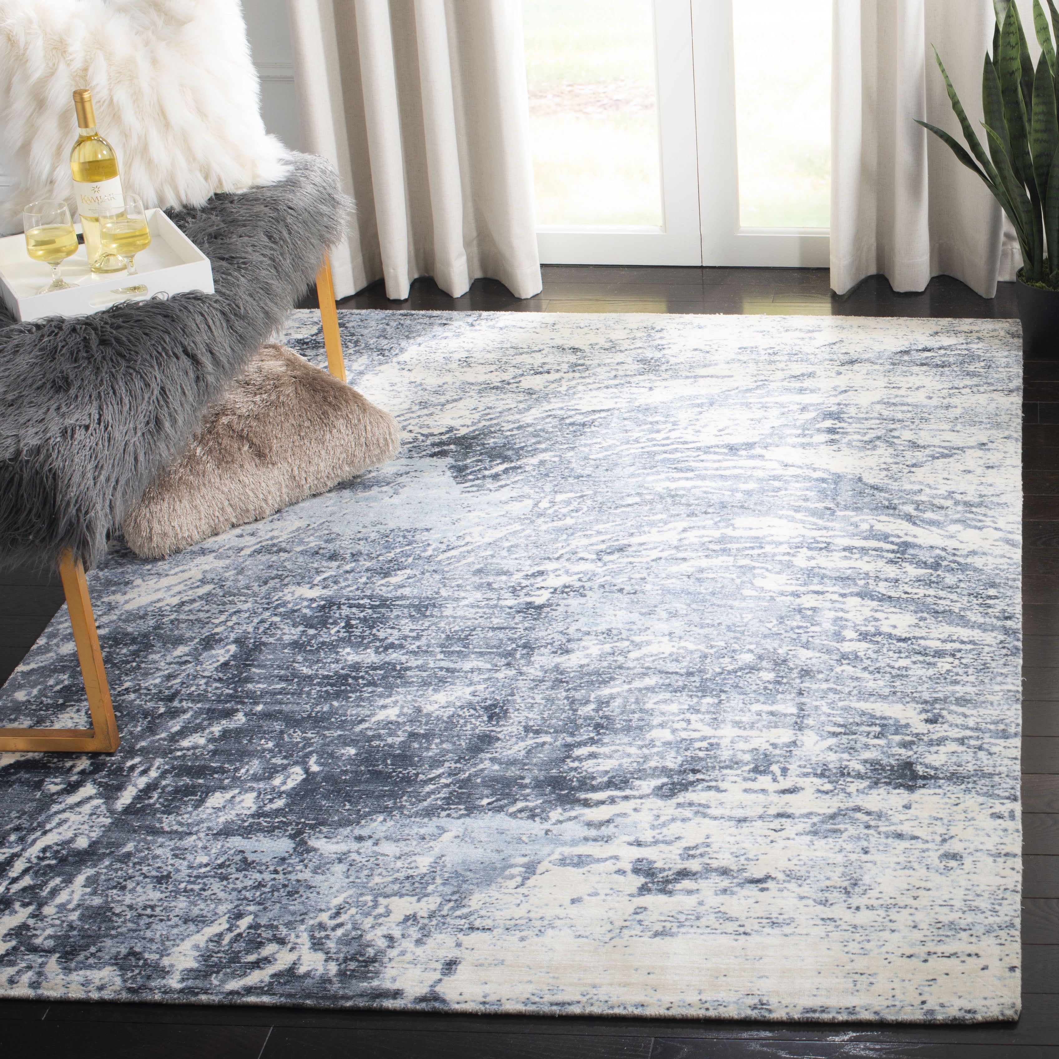 Ivory and Blue Abstract Handmade Viscose 9' x 12' Rug