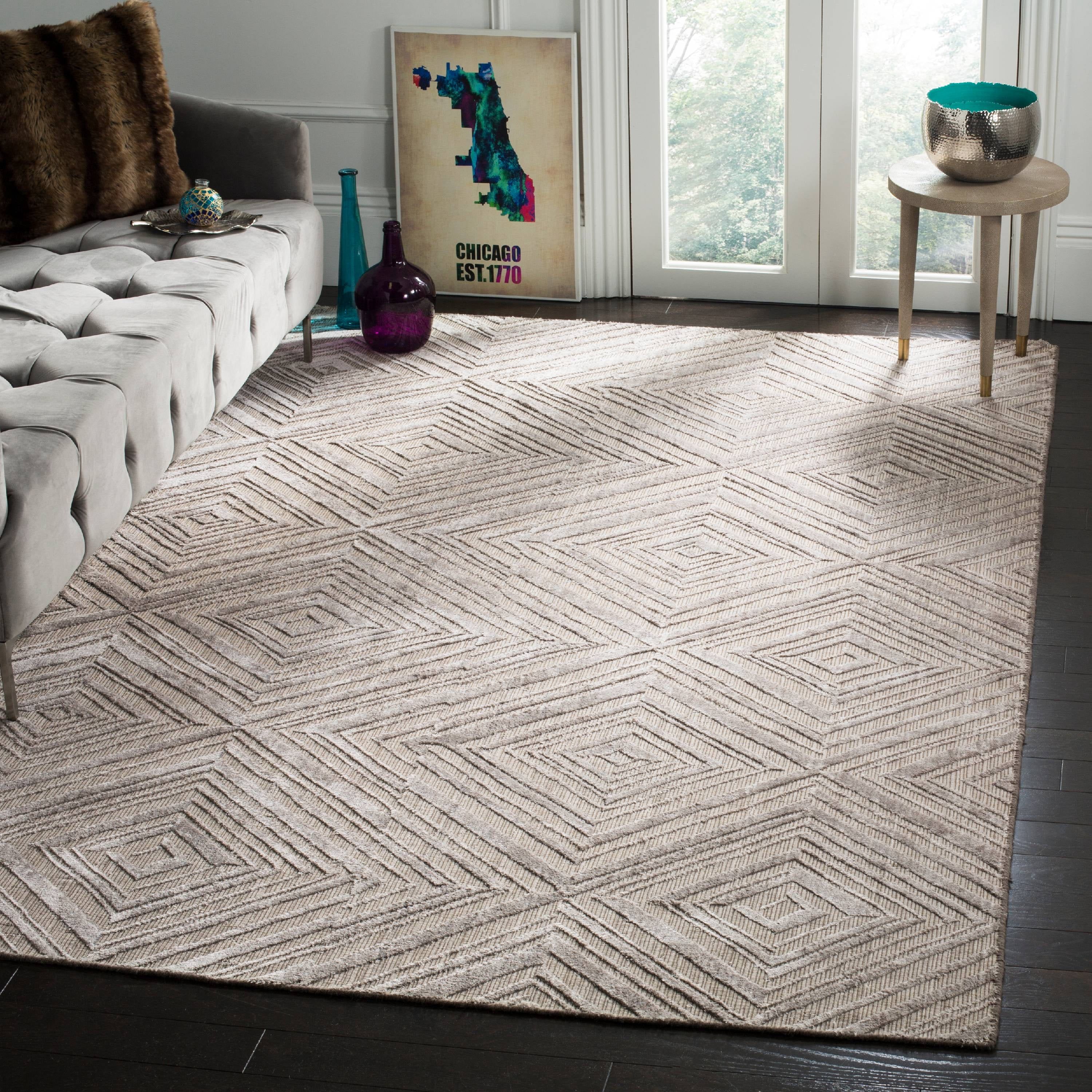 Gray Geometric Hand-Knotted Wool Viscose 6' x 9' Rug