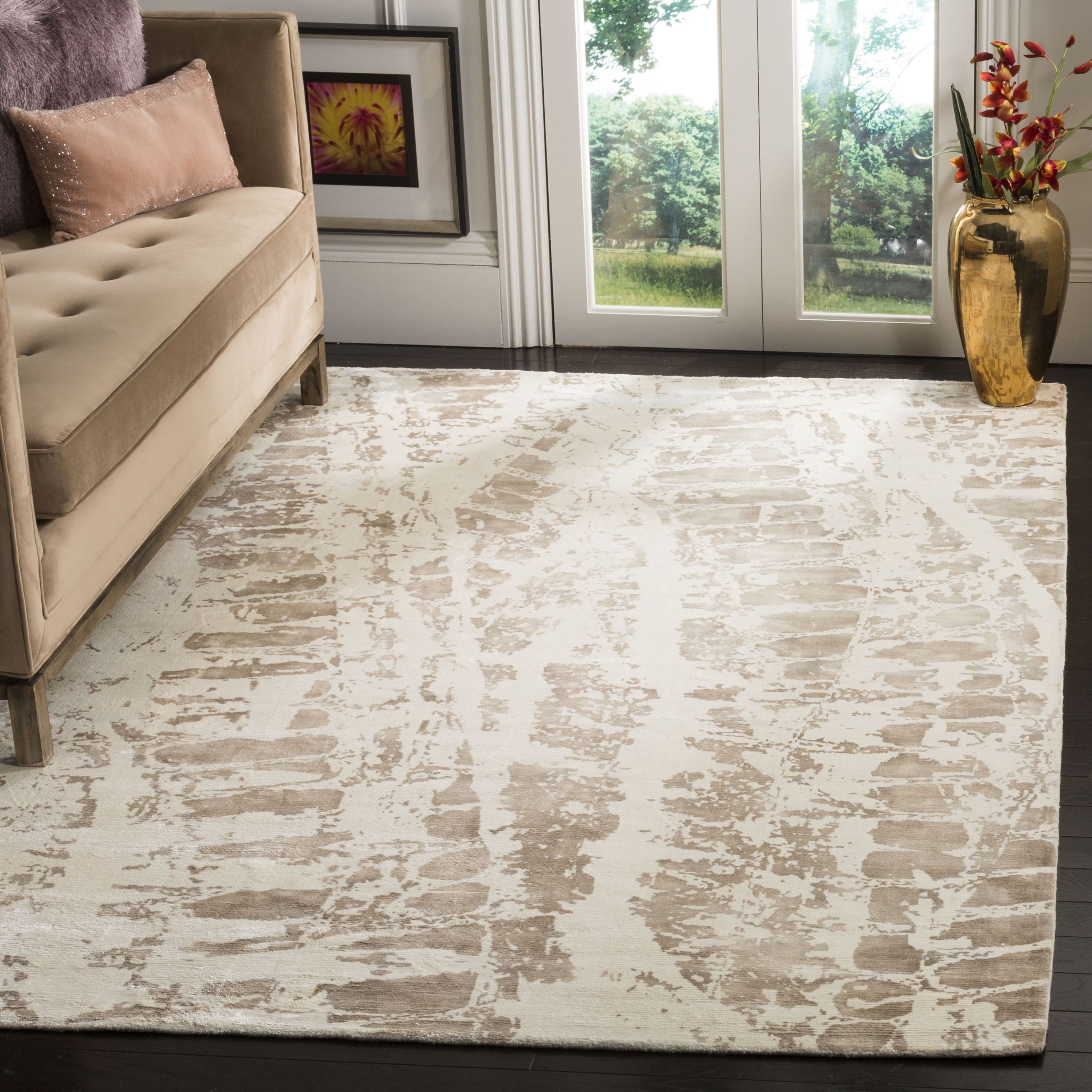 Ivory and Brown Abstract Hand-Knotted Viscose Rug, 8' x 10'