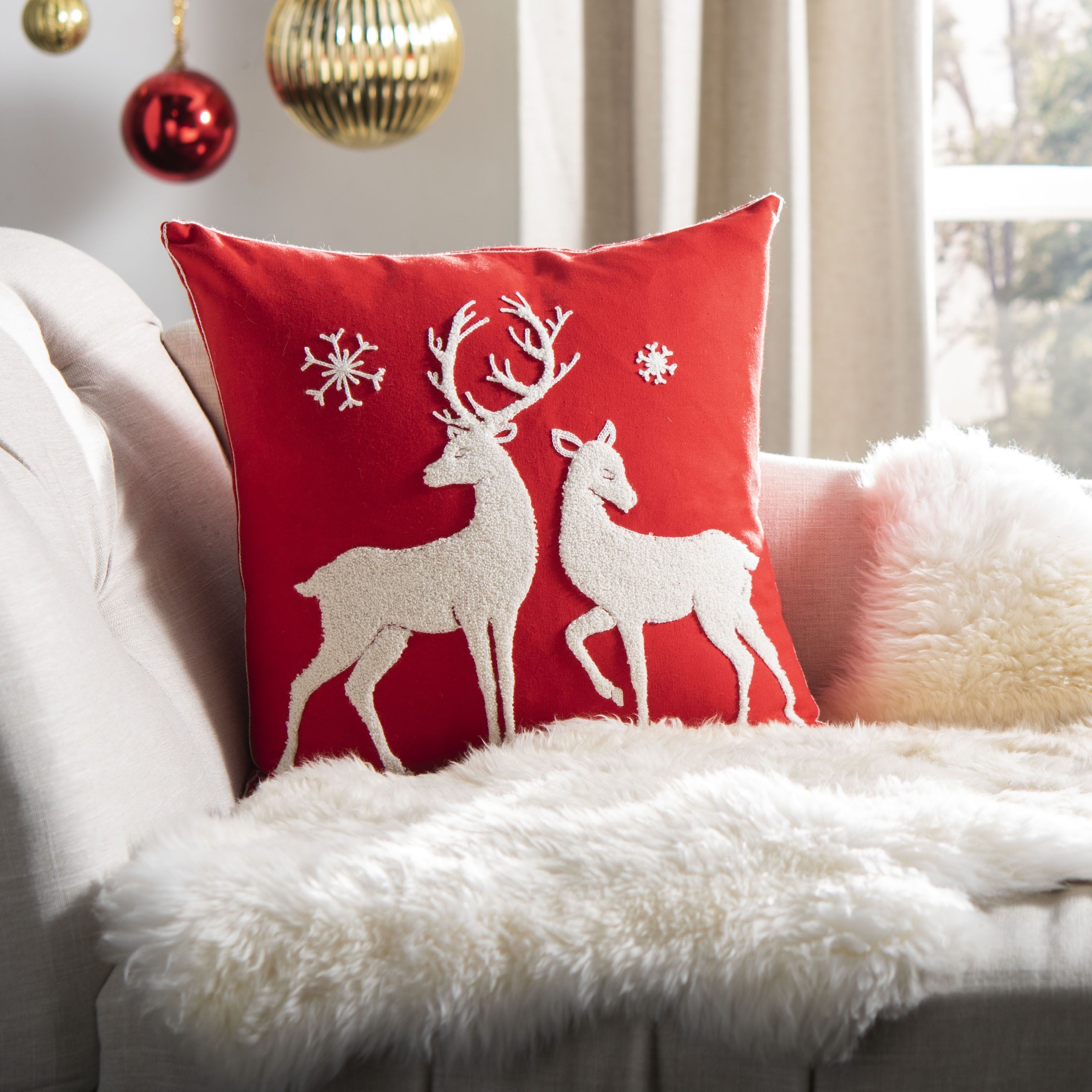 Mitzi Red and White Cotton Reindeer Holiday Pillow