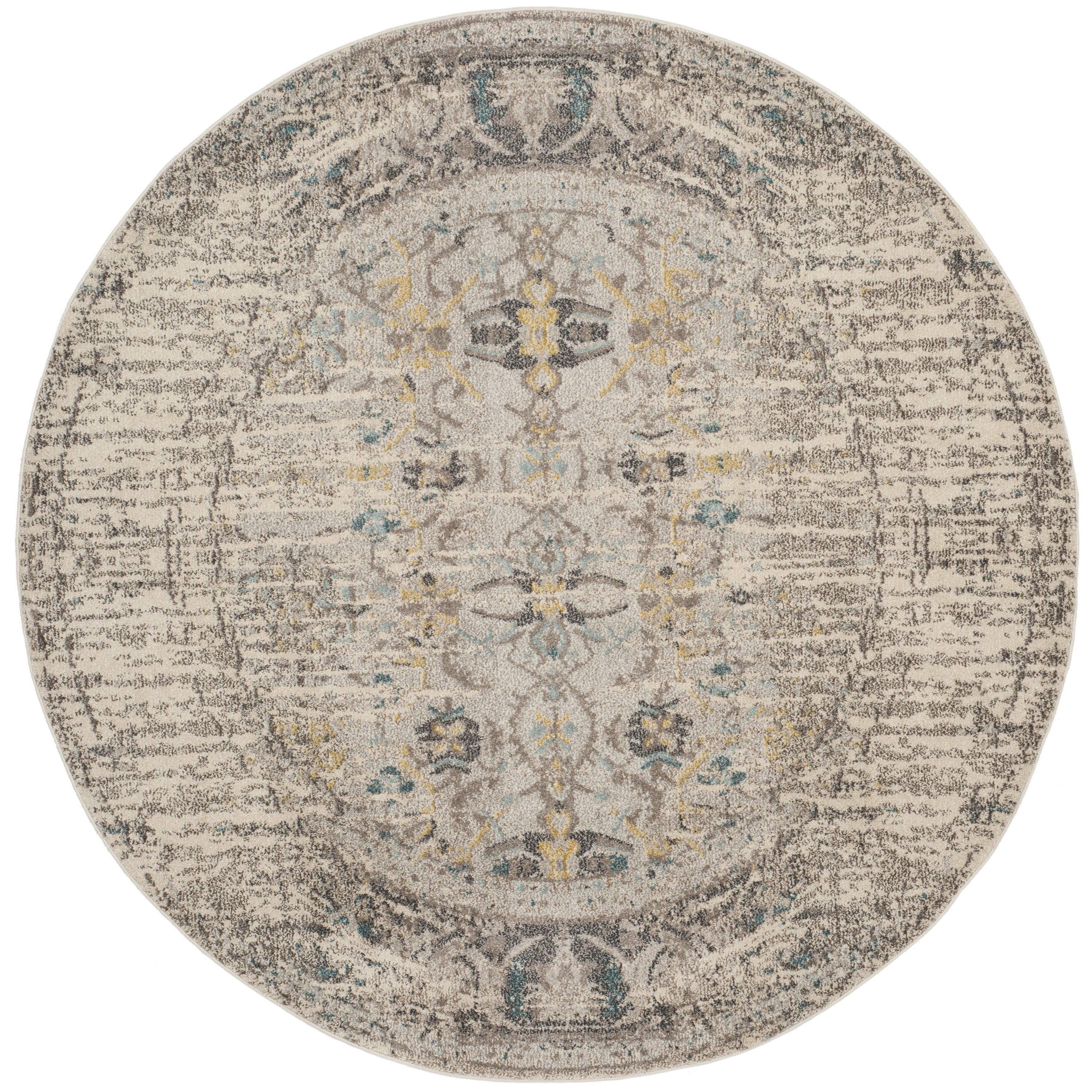 Elsdon 9' Round Grey Floral Synthetic Area Rug