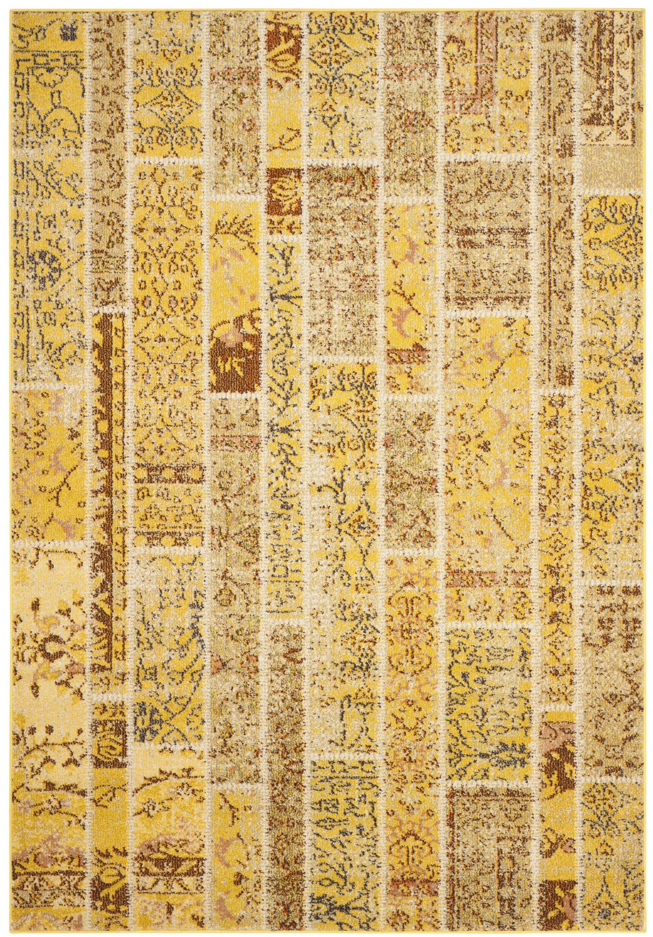 Vibrant Yellow Multi-Rectangular Synthetic Easy-Care Area Rug