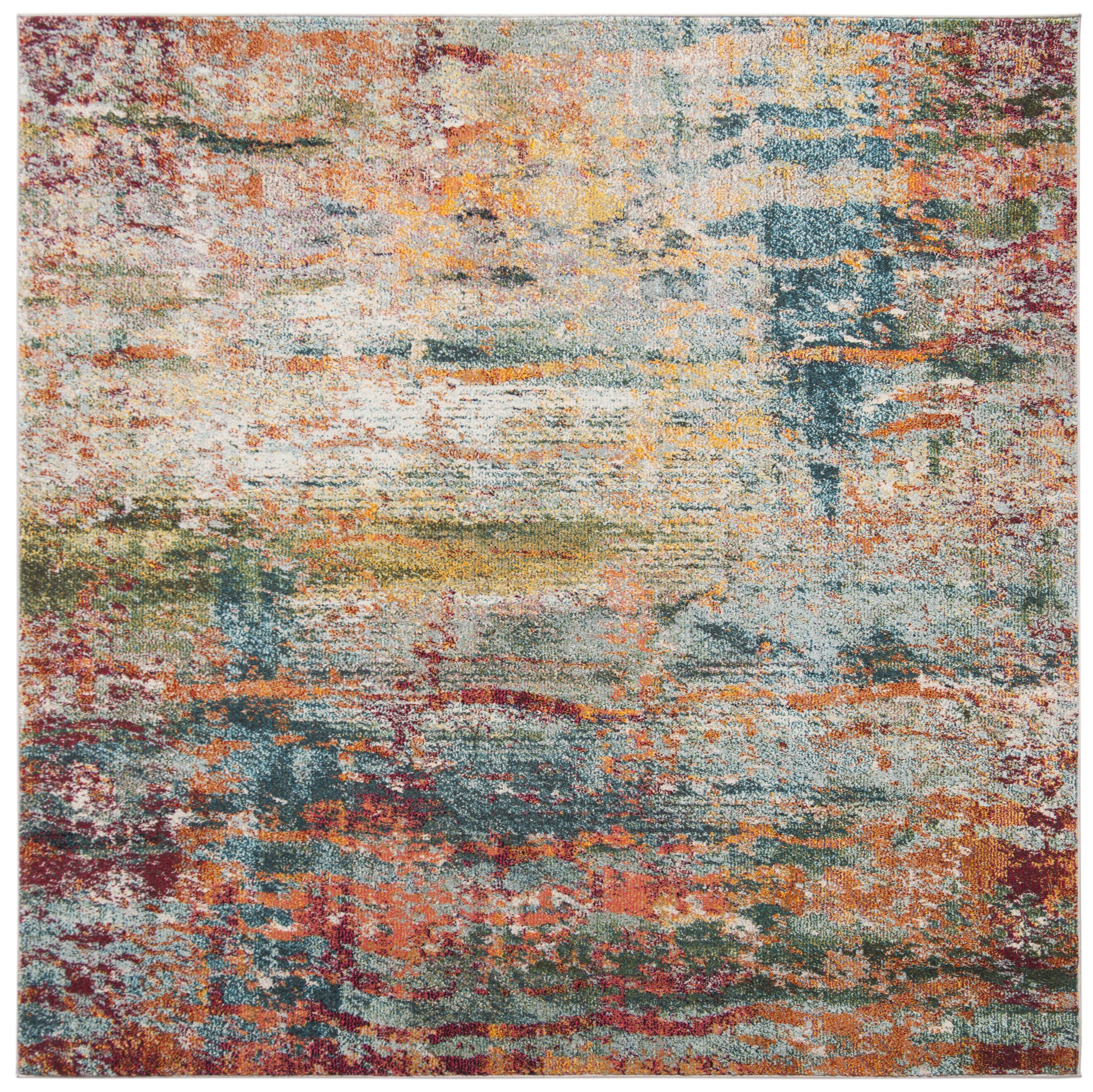 Monaco Teal & Orange Abstract Boho Chic Square Area Rug, 9'x9'