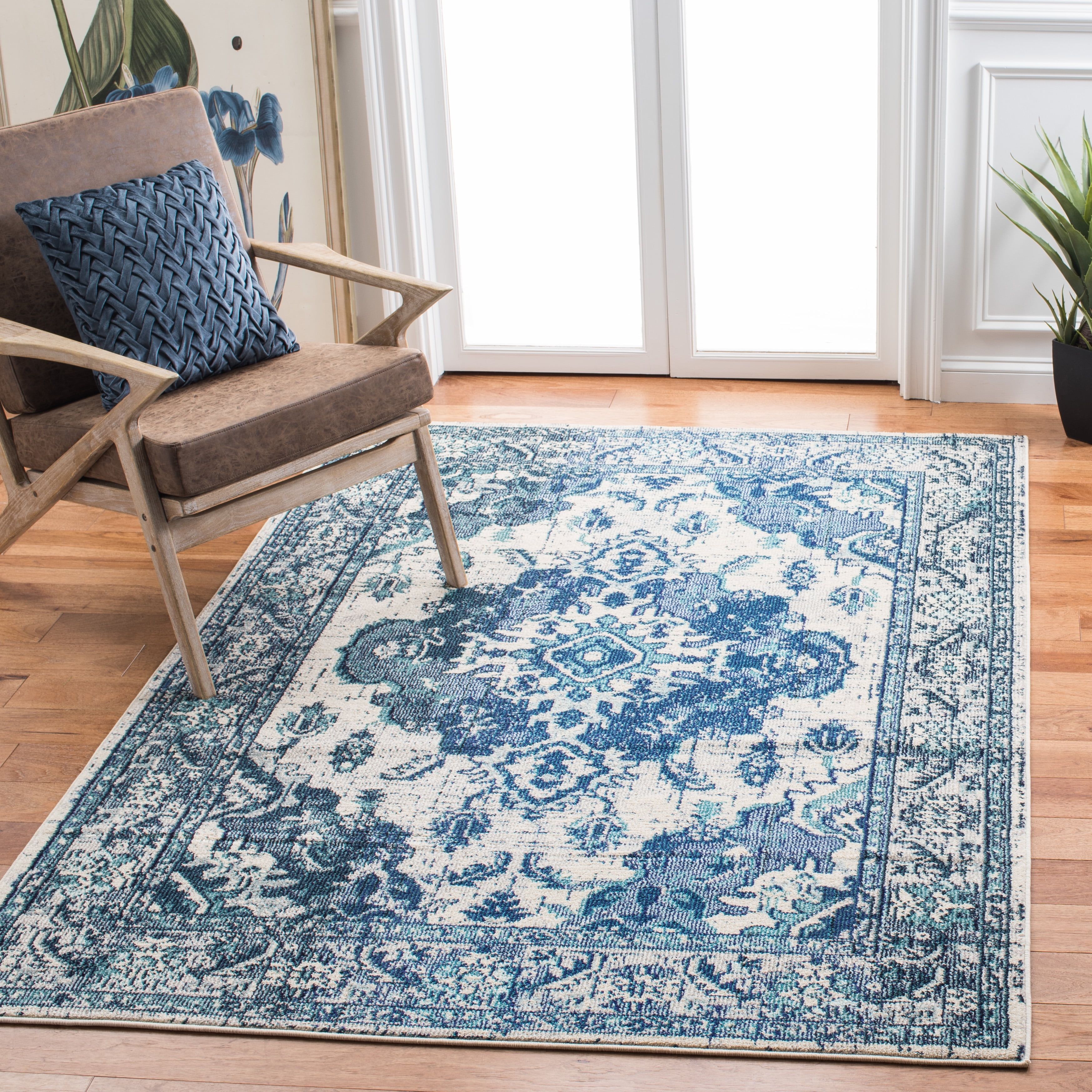 Ivory & Blue Medallion Square Synthetic Area Rug, 6'7"