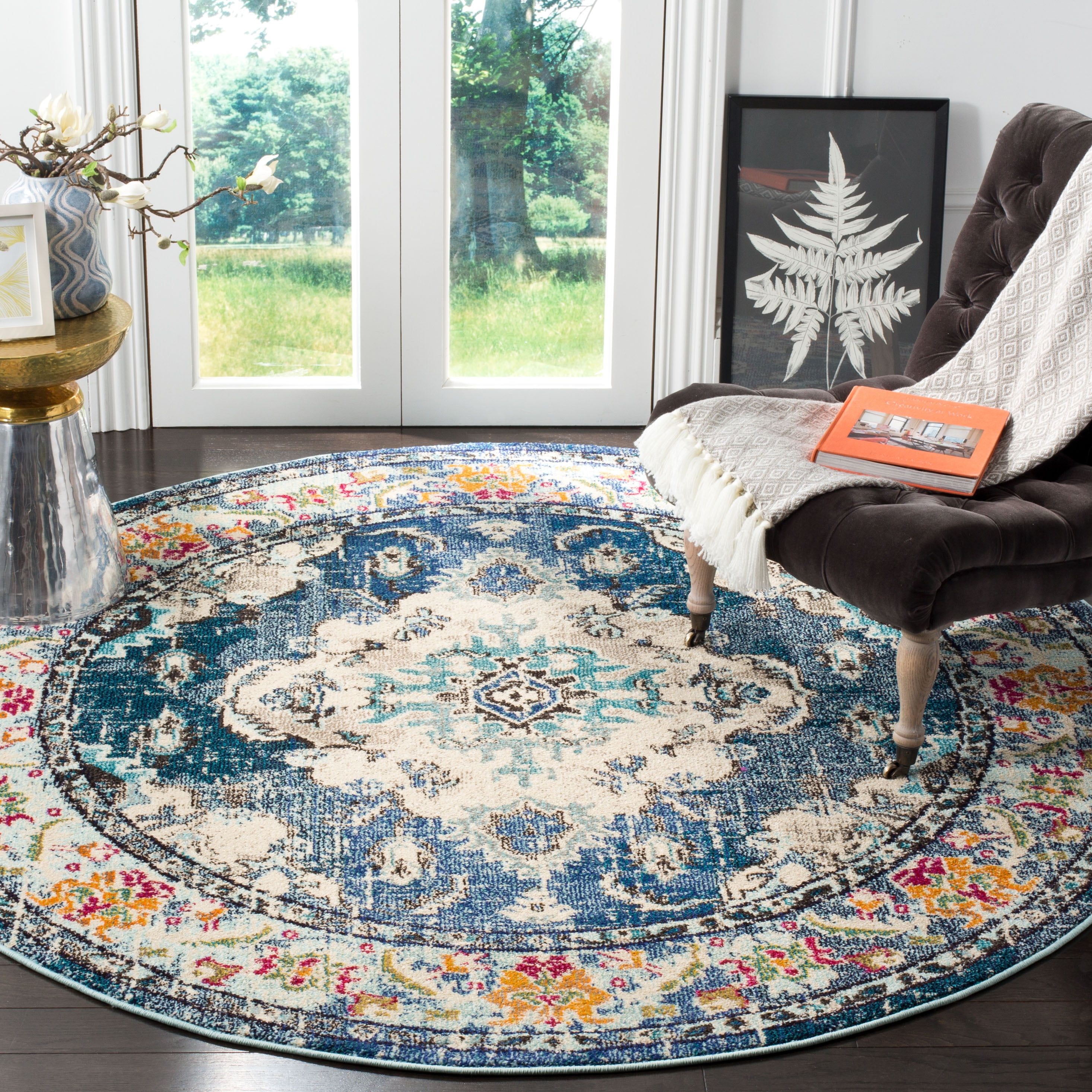 Light Blue Synthetic Medallion Round Area Rug, 10' x 10'