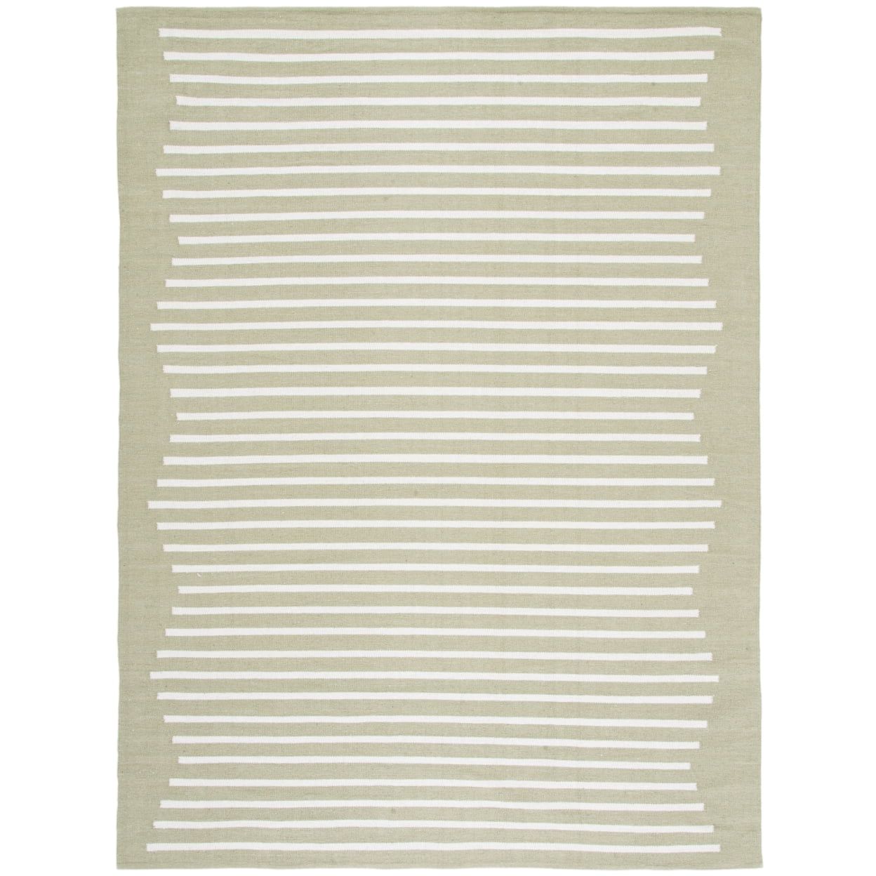 Ivory and Light Green Hand-Crafted Cotton 9' x 12' Flatweave Rug