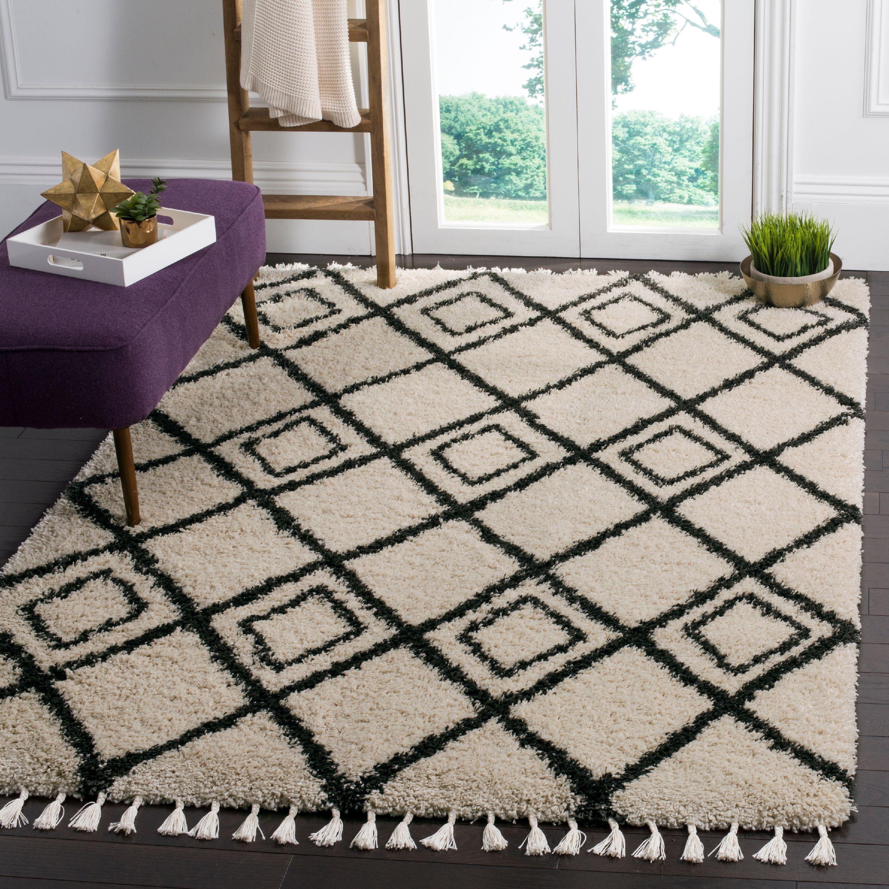 Ivory and Cream Hand-knotted Shag Wool Area Rug