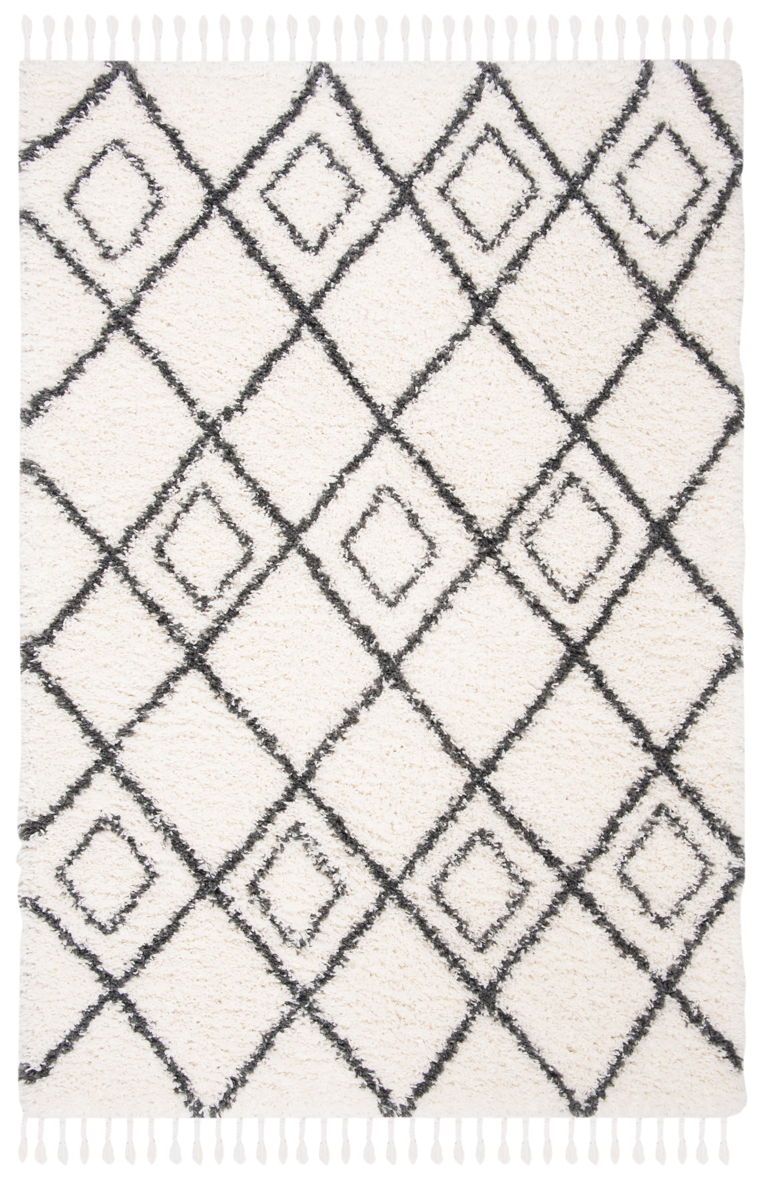 Ivory and Dark Grey Diamond Shag Synthetic Area Rug 5'3" x 7'6"