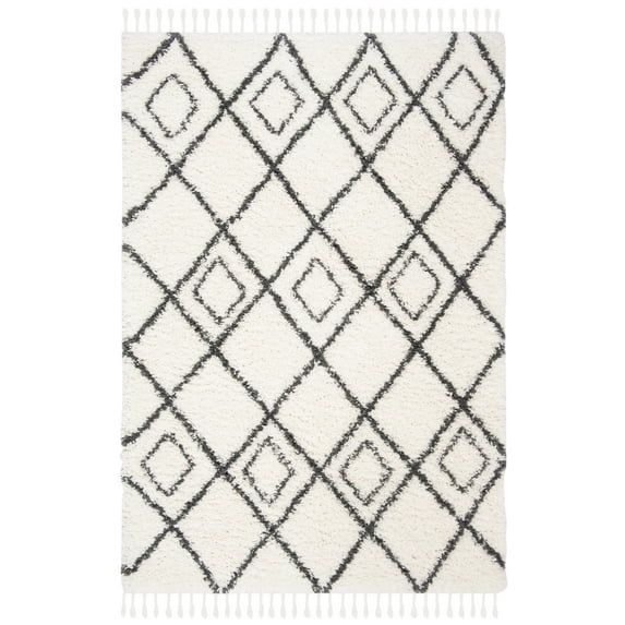 Ivory and Dark Grey Diamond Shag Synthetic Area Rug 5'3" x 7'6"