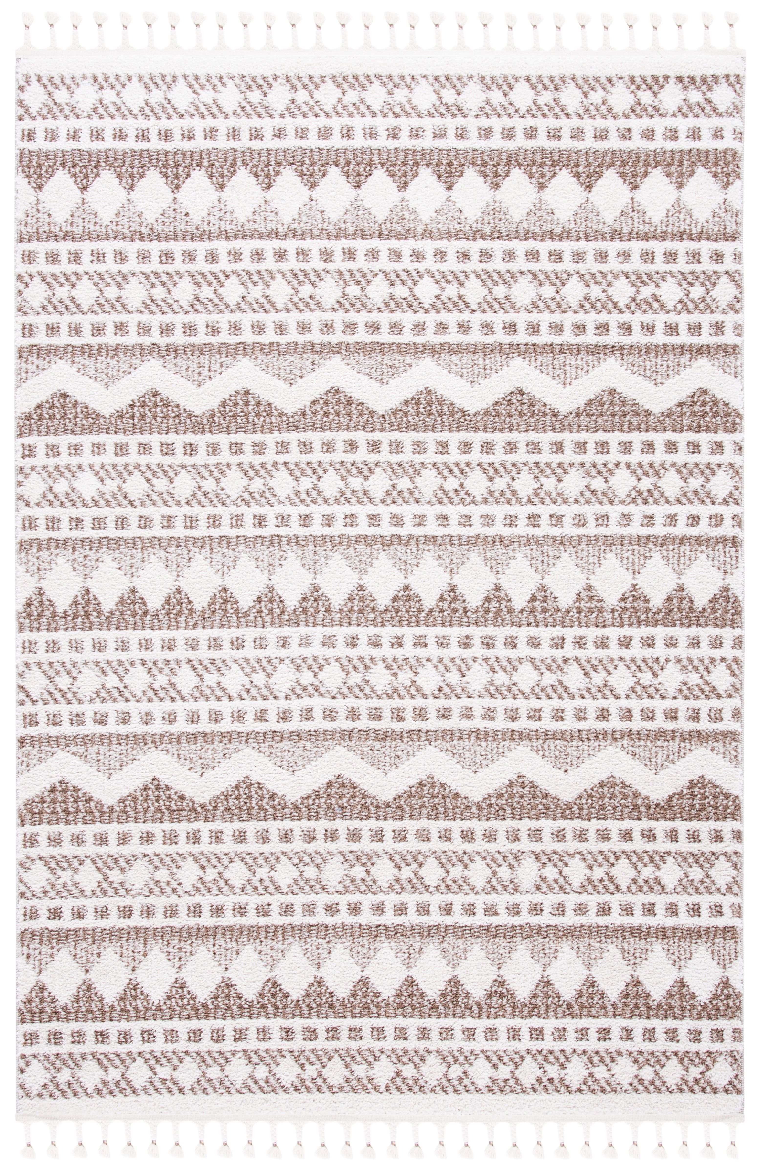 Ivory and Beige Diamond Pattern Shag Area Rug with Tassels