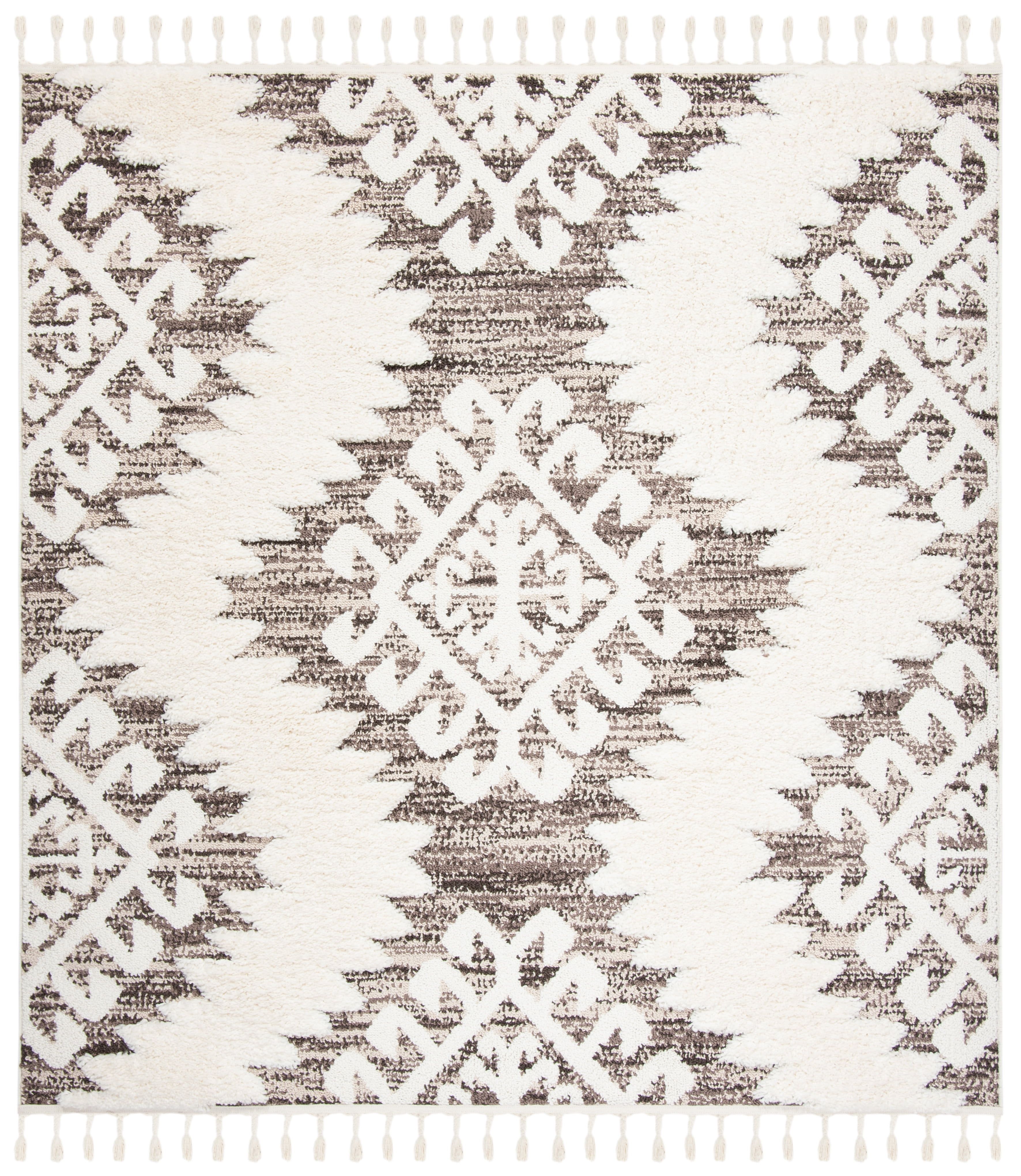 SAFAVIEH Moroccan Tassel Desmond Southwestern Shag Area Rug, Ivory/Brown, 11' x 11' Square