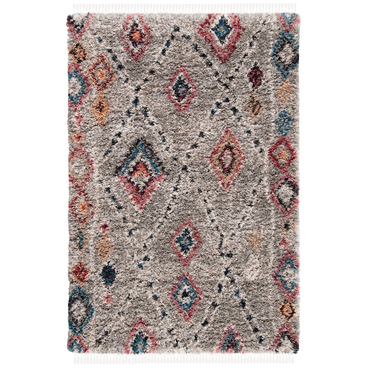 Gray Diamond Pattern Synthetic Area Rug with Tassels, 5' 3" x 7' 6"