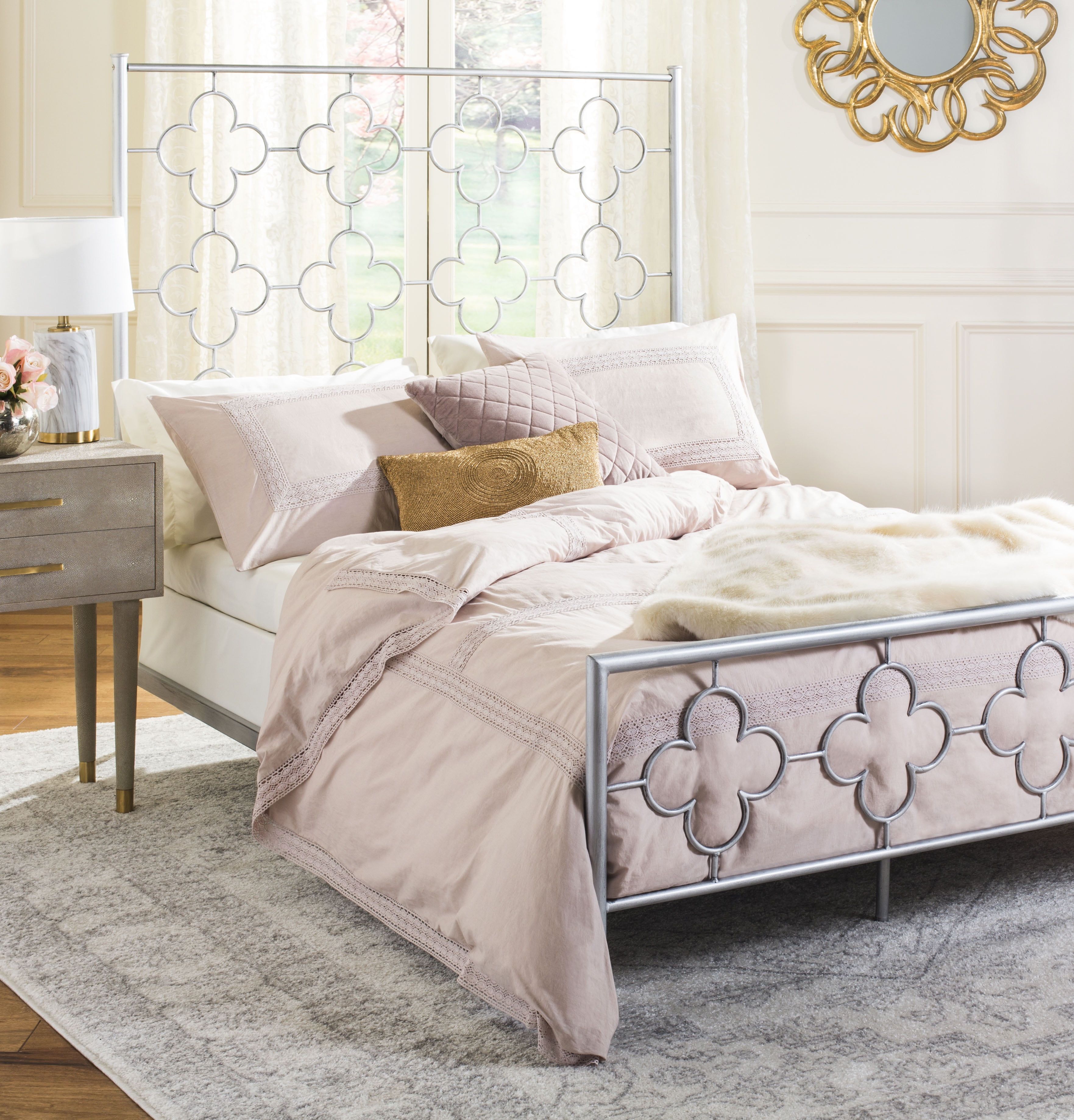 Transitional Antique Silver Lattice Queen Metal Bed