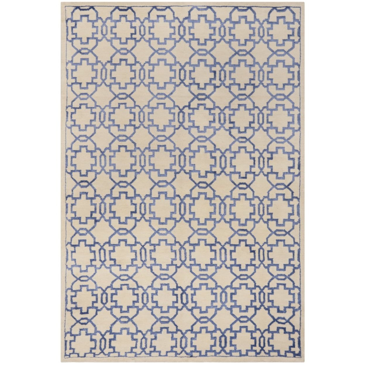 Hand-Knotted Cream and Purple Wool Geometric Rug, 5' x 8'