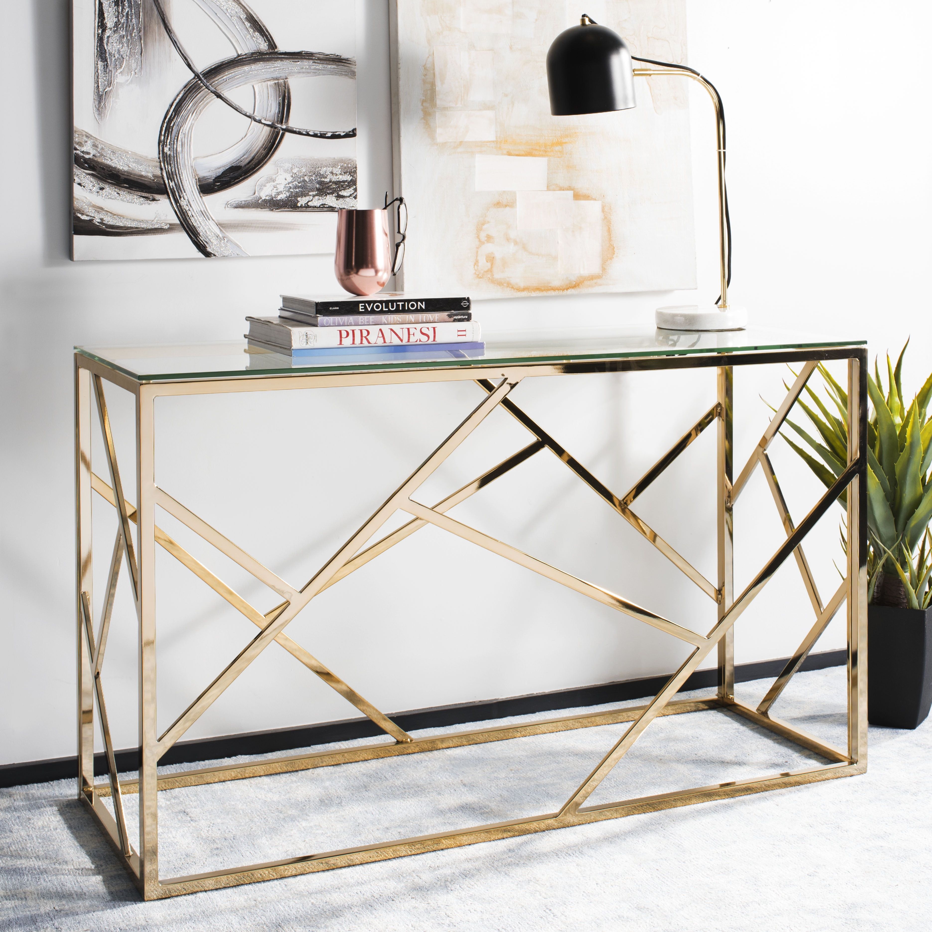 Namiko 48" Silver Rectangular Glass & Brass Console Table