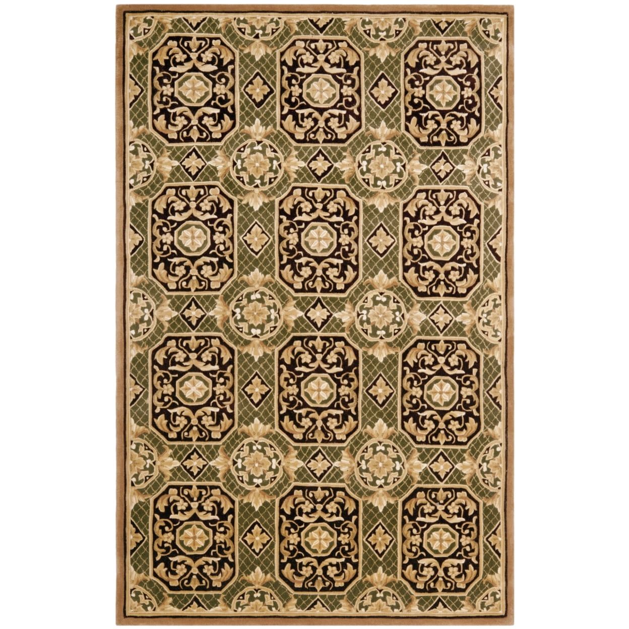 Ivory and Green Handmade Wool Tufted Rug, 5' x 8'