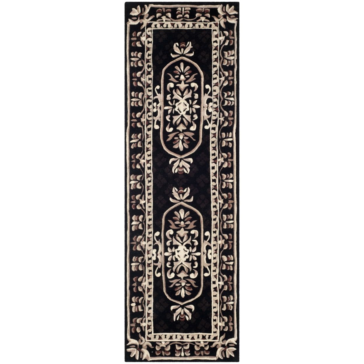 Handmade Black Wool Runner Rug with Traditional Design